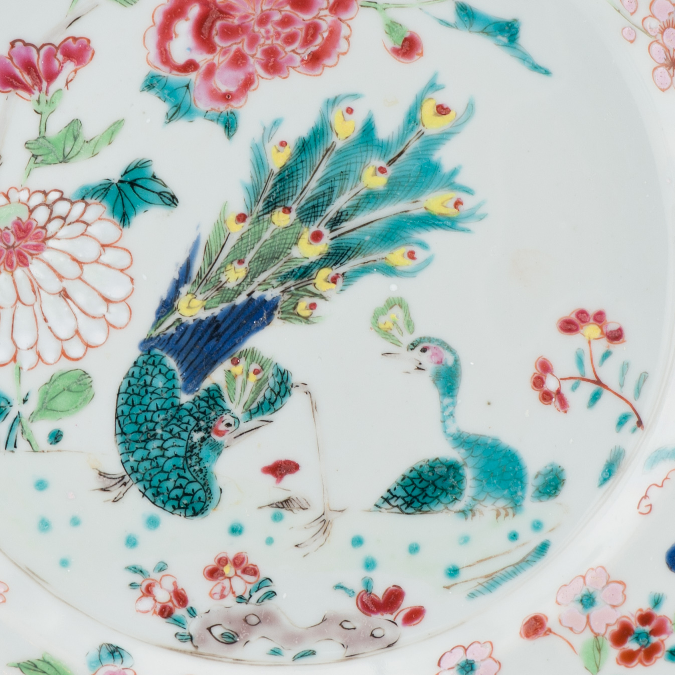 Large Antique Chinese Porcelain Plate Dish Peacock Fencai Yonzheng Porcelain - Image 3