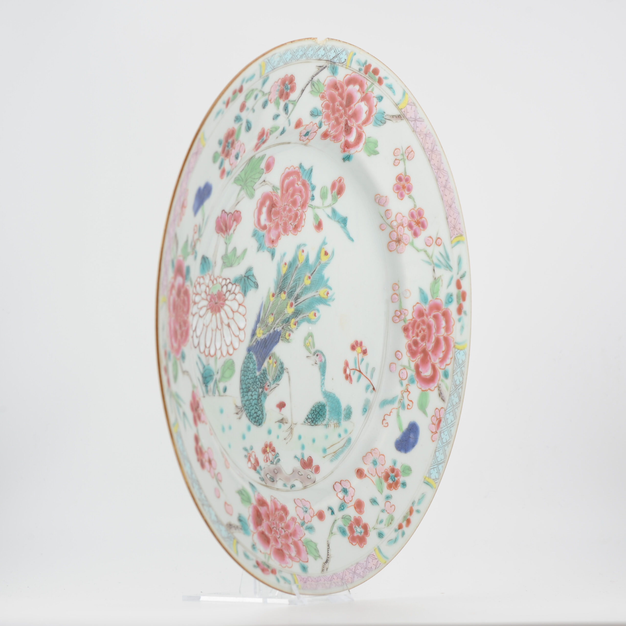 Large Antique Chinese Porcelain Plate Dish Peacock Fencai Yonzheng Porcelain - Image 6