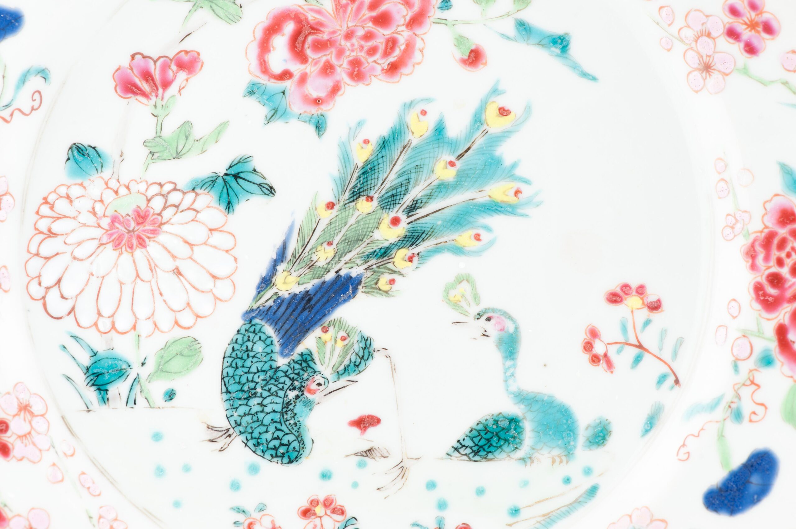 Large Antique Chinese Porcelain Plate Dish Peacock Fencai Yonzheng Porcelain - Image 4