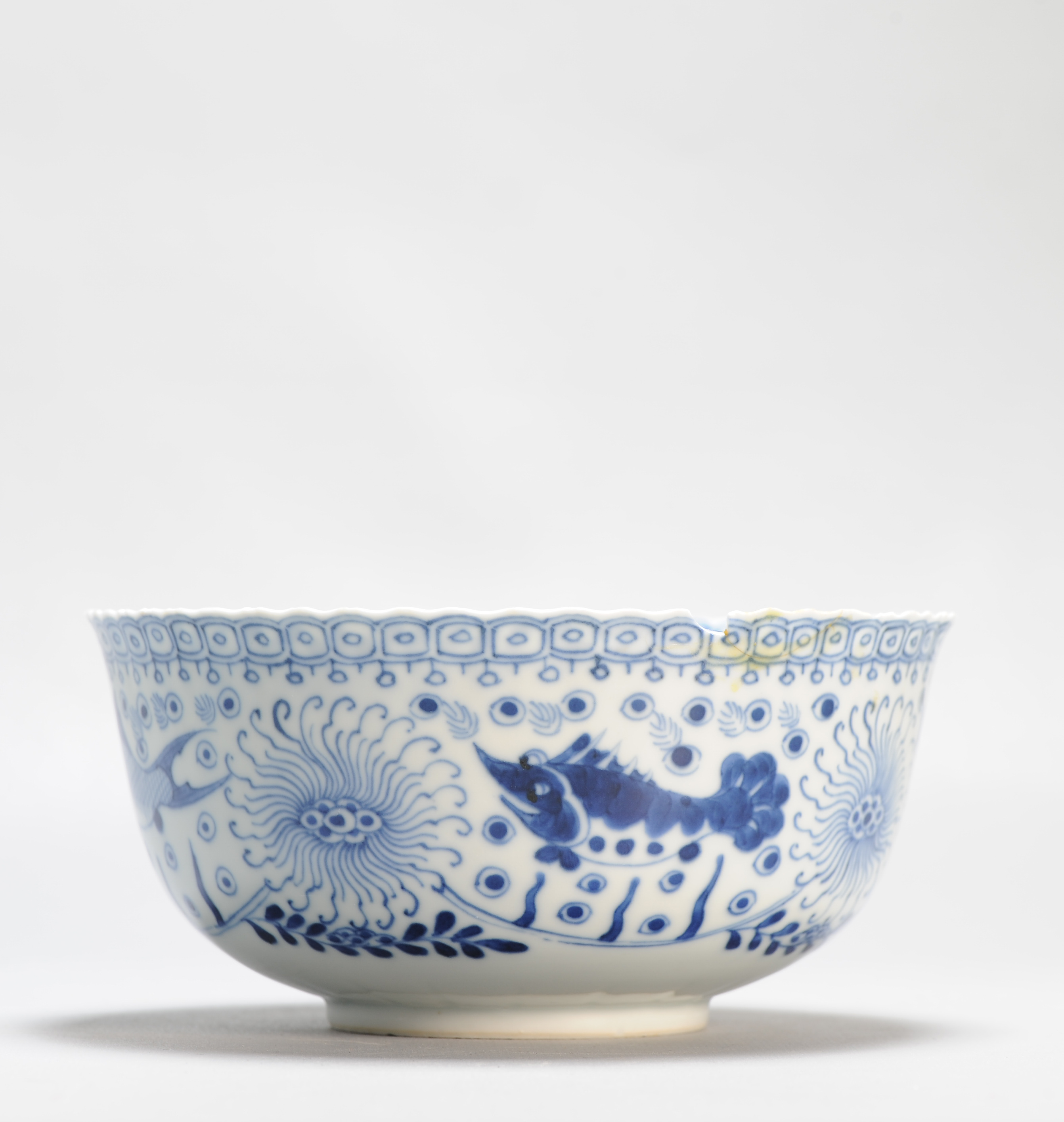 Antique Chinese Porcelain 19C Bleu de White Bowl Fish Water Scene Marked - Image 2