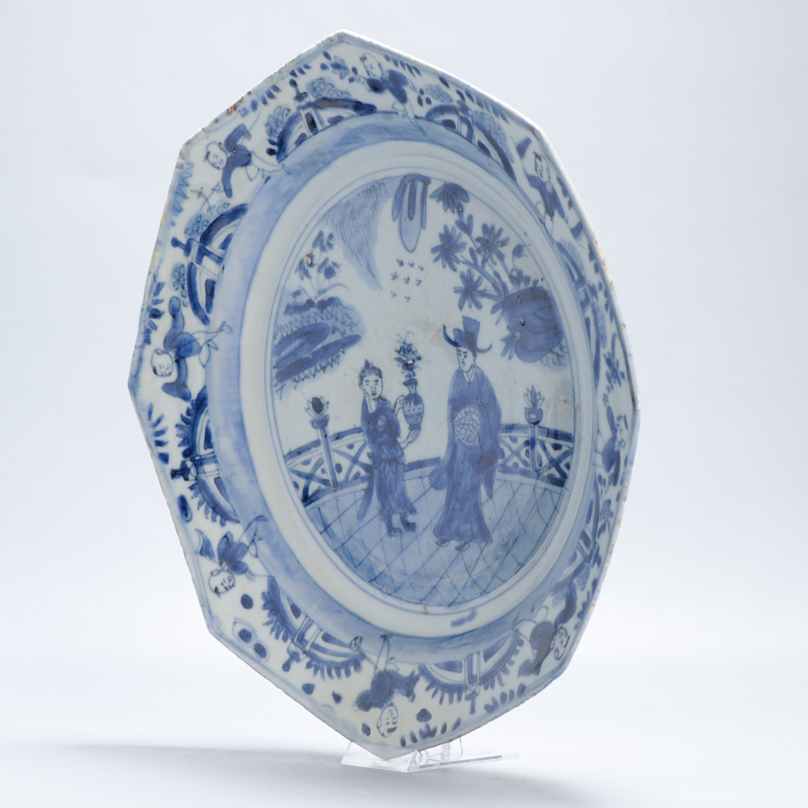 Antique Octagonal Blue and White Dish Wanli Tianqi Chinese Porcelain Figural - Image 14