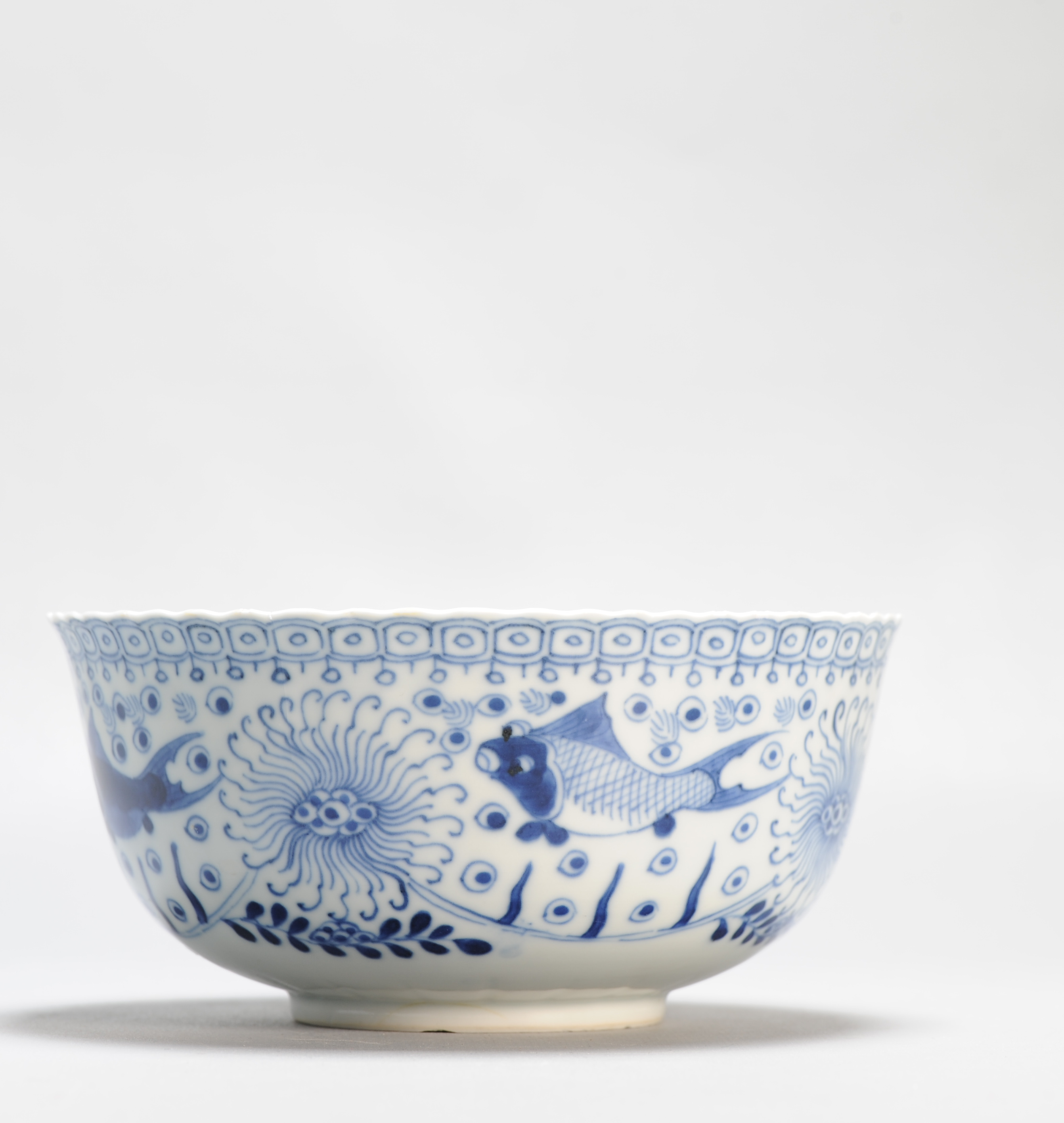 Antique Chinese Porcelain 19C Bleu de White Bowl Fish Water Scene Marked - Image 7