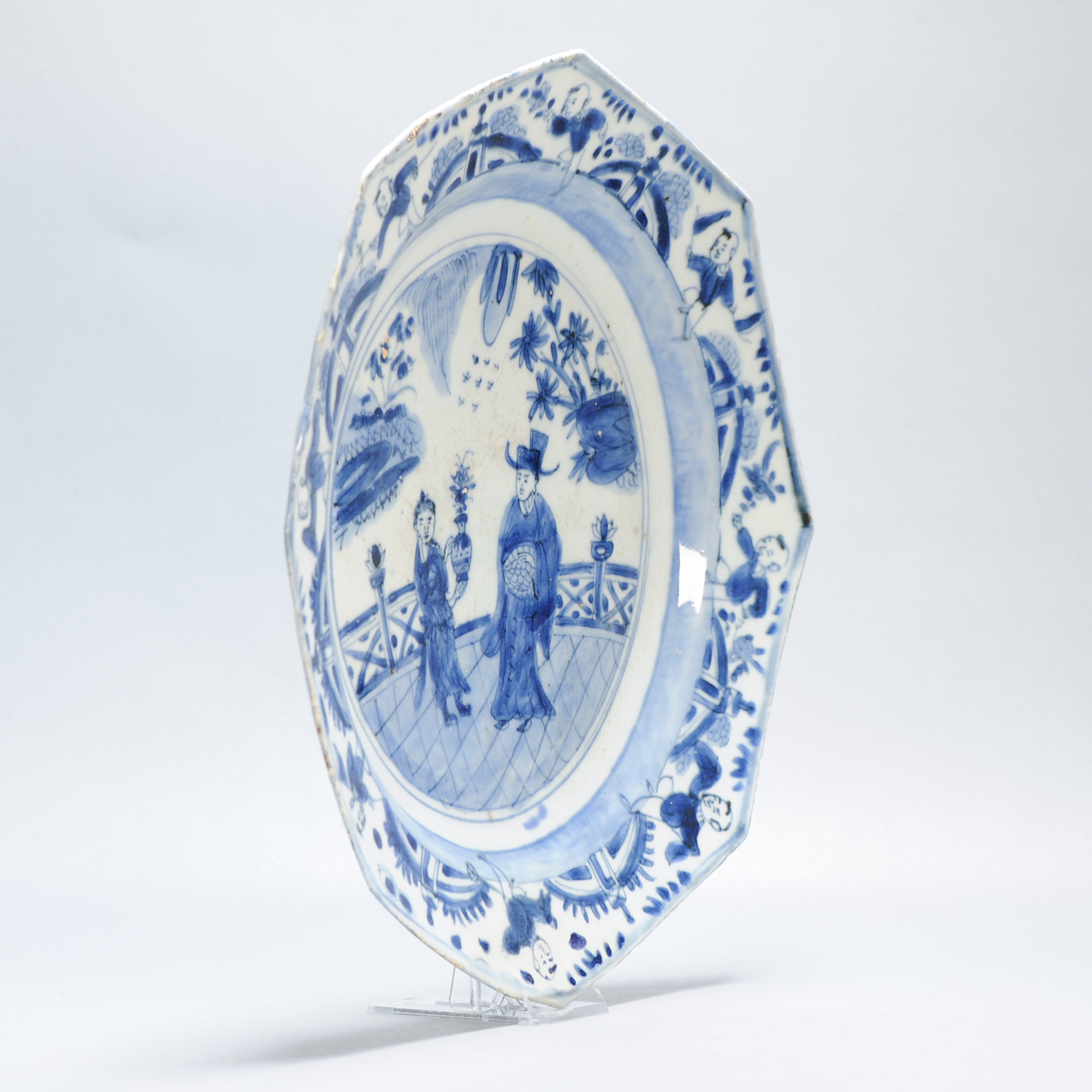 Antique Octagonal Blue and White Dish Wanli Tianqi Chinese Porcelain Figural - Image 5