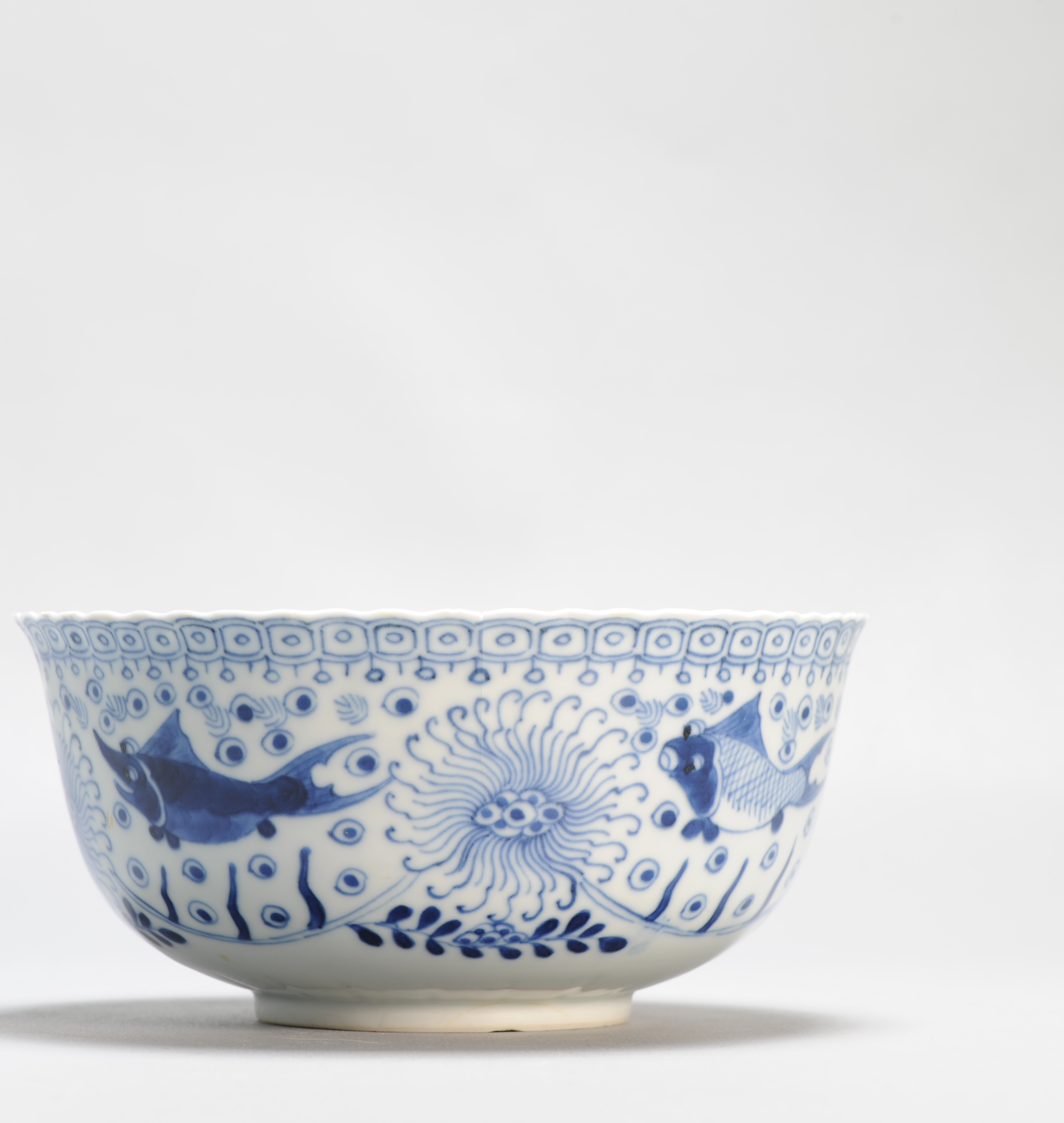 Antique Chinese Porcelain 19C Bleu de White Bowl Fish Water Scene Marked - Image 8