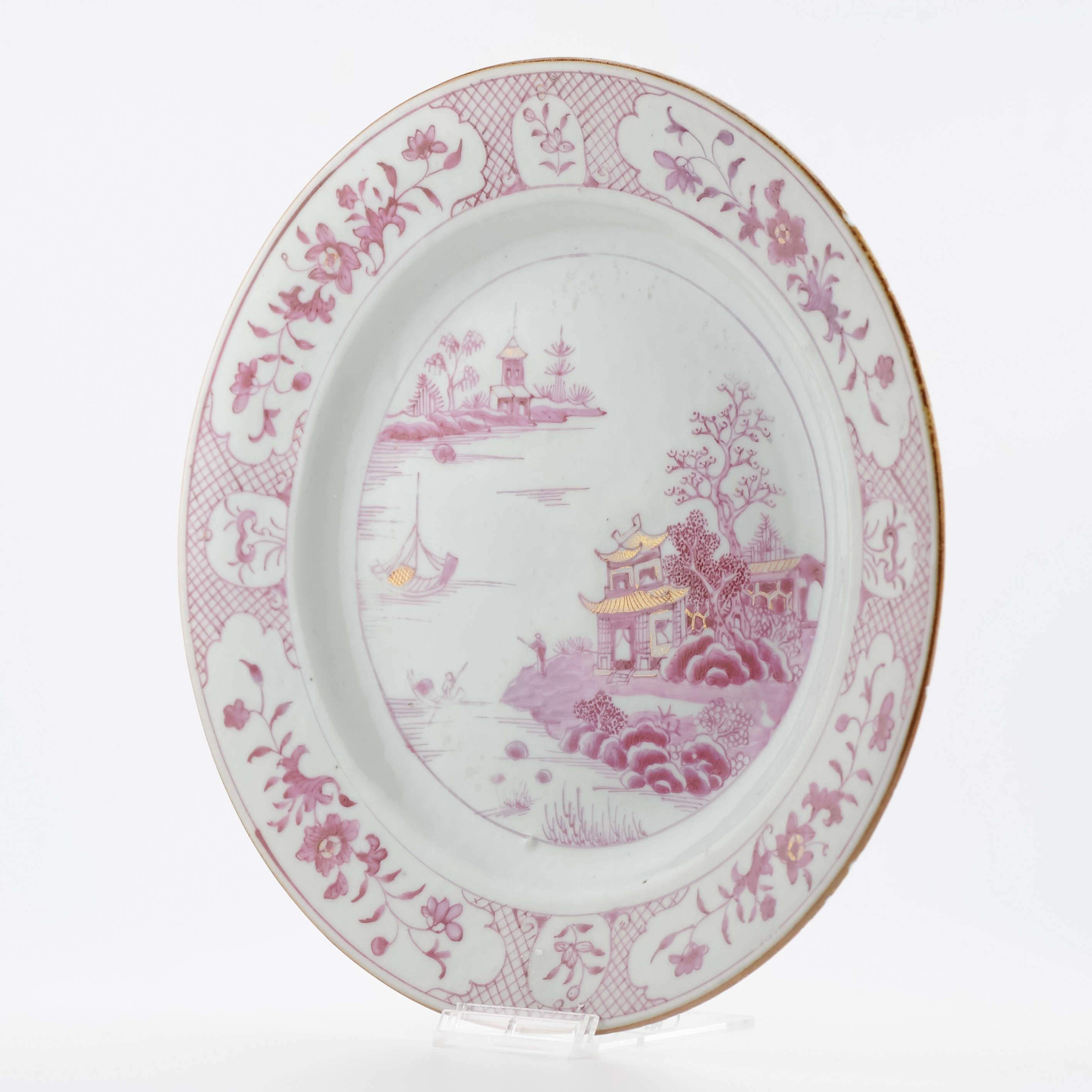 Antique 18C Chinese Porcelain Dish China Landscape Puce Rose Qianlong Period - Image 13
