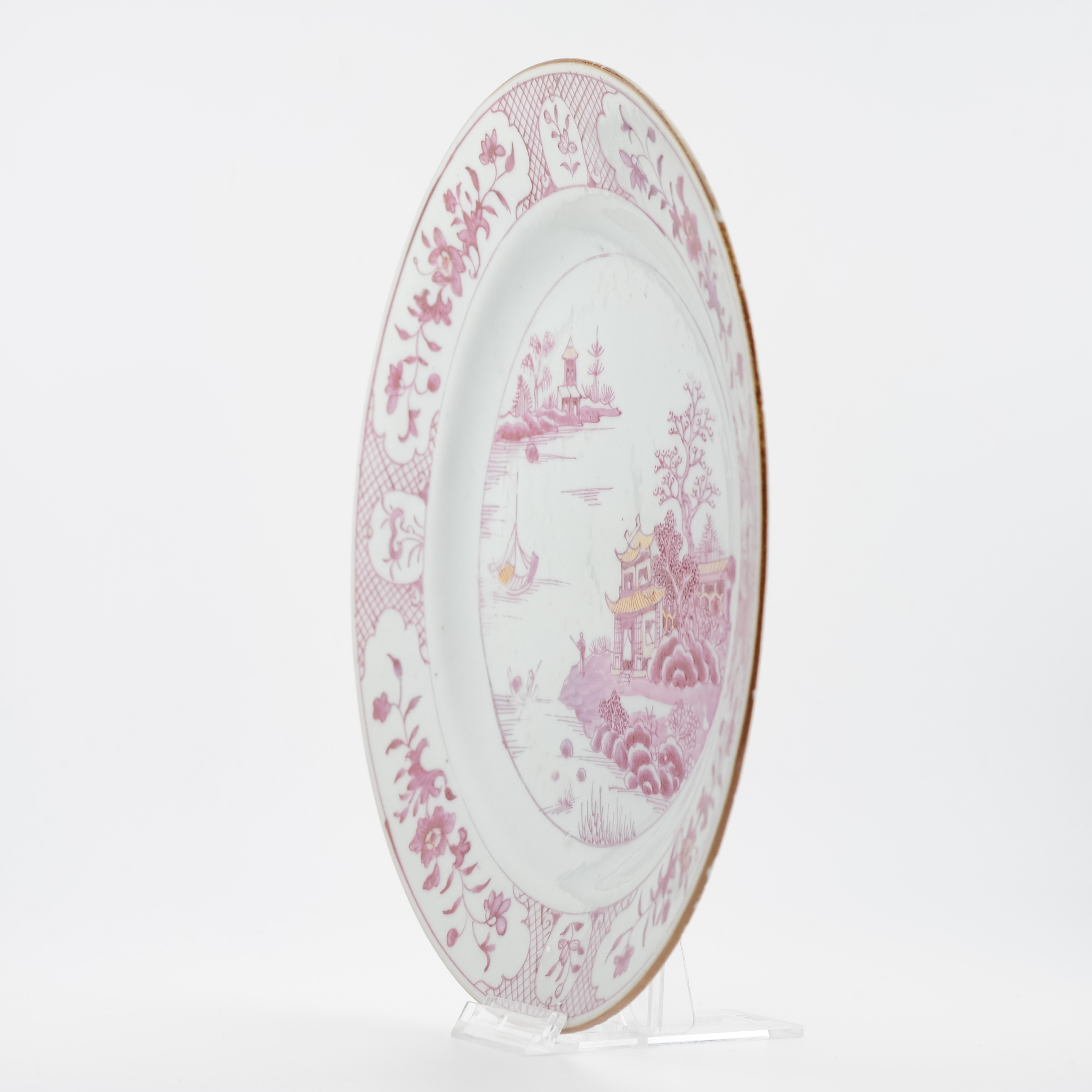 Antique 18C Chinese Porcelain Dish China Landscape Puce Rose Qianlong Period - Image 12