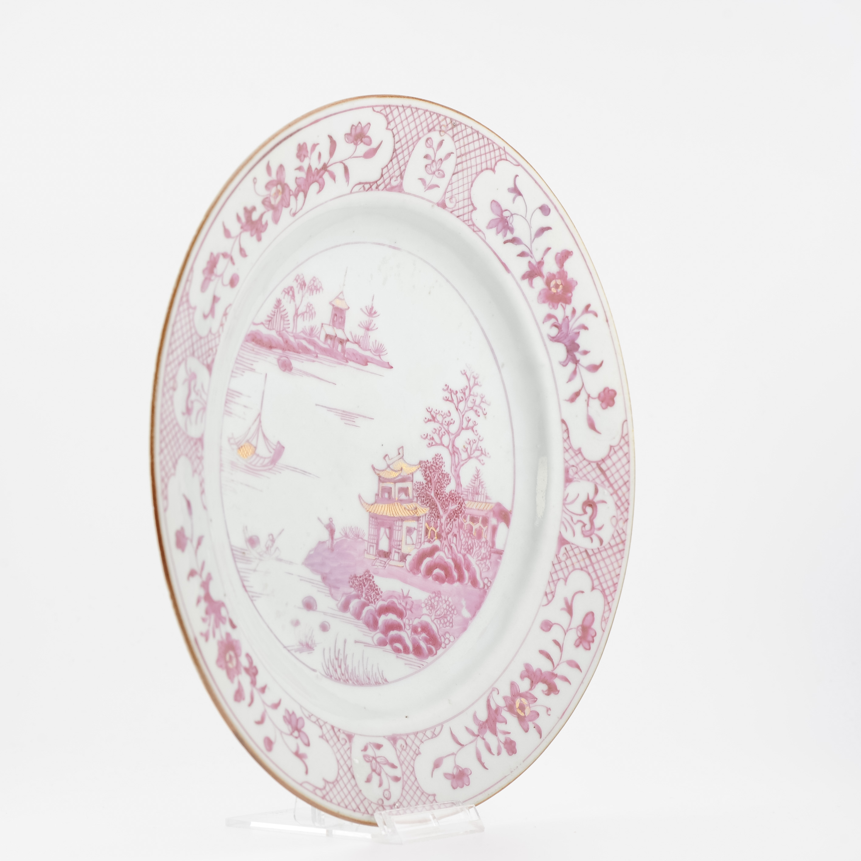 Antique 18C Chinese Porcelain Dish China Landscape Puce Rose Qianlong Period - Image 4