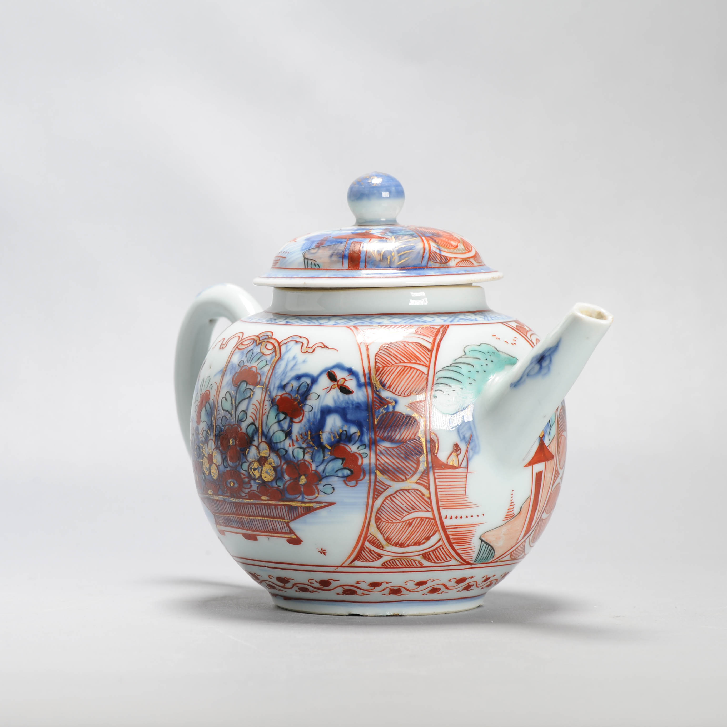Large Antique Kangxi 18C Chinese Porcelain Teapot + Bowl Polychrome Figural - Image 5