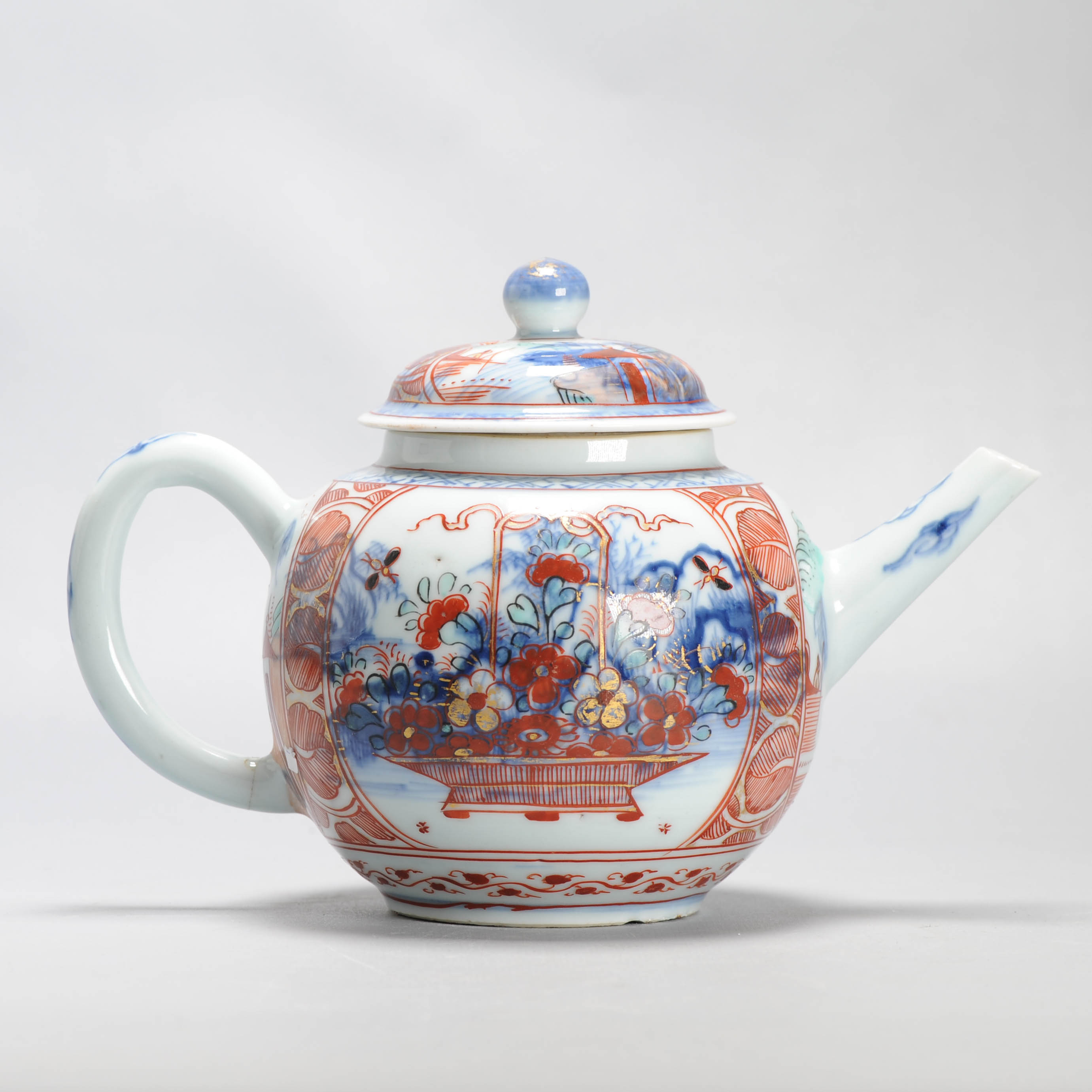 Large Antique Kangxi 18C Chinese Porcelain Teapot + Bowl Polychrome Figural - Image 6