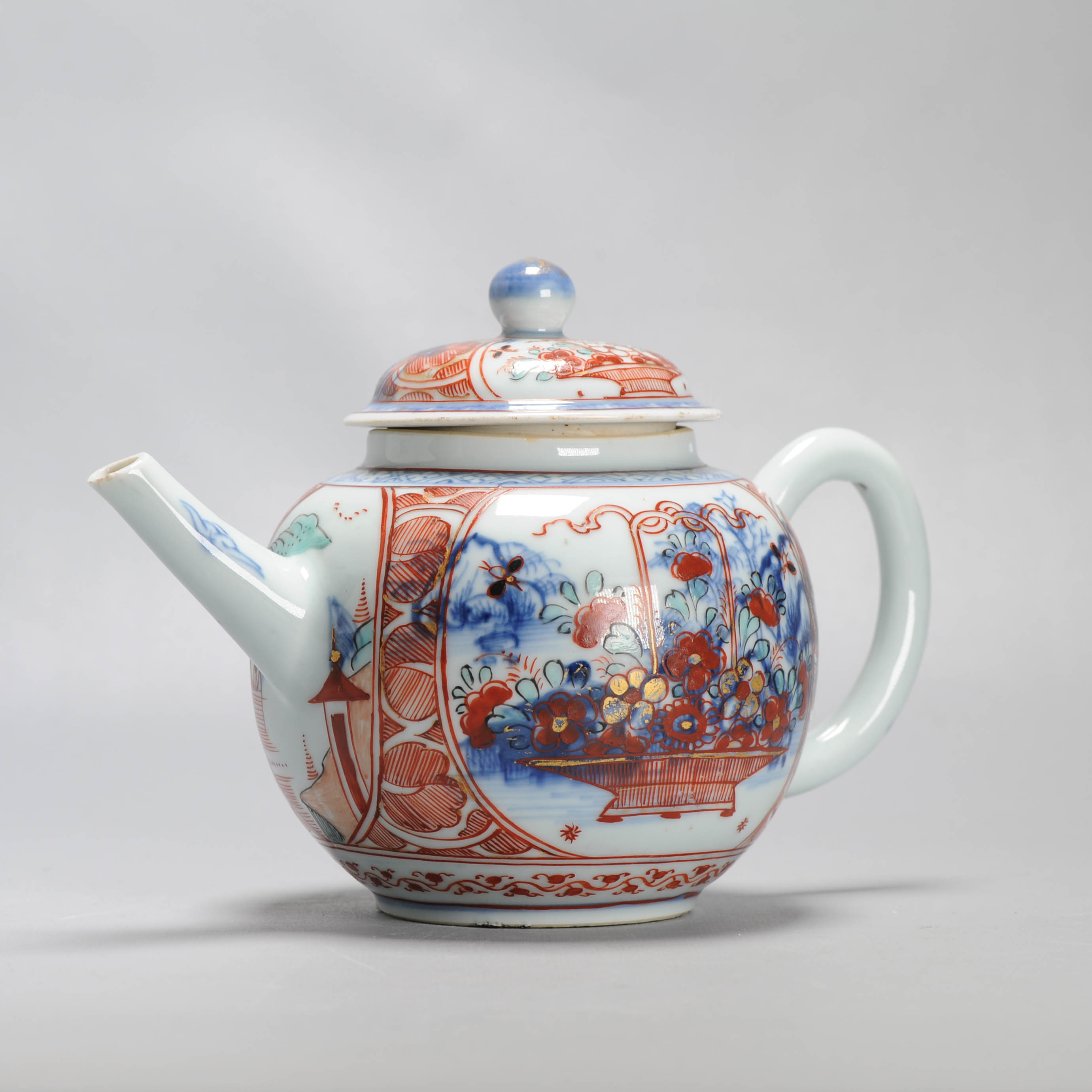 Large Antique Kangxi 18C Chinese Porcelain Teapot + Bowl Polychrome Figural - Image 3