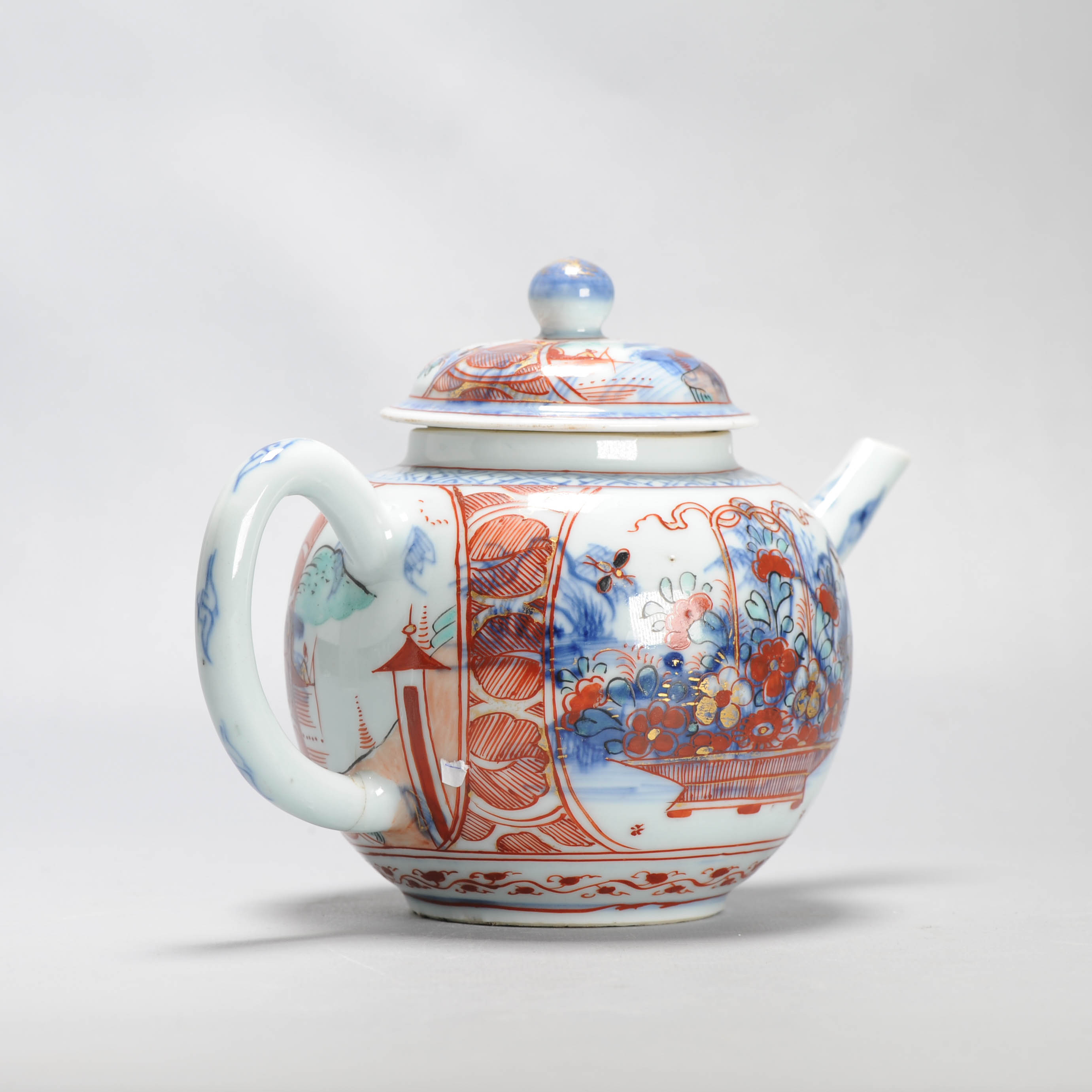 Large Antique Kangxi 18C Chinese Porcelain Teapot + Bowl Polychrome Figural - Image 7