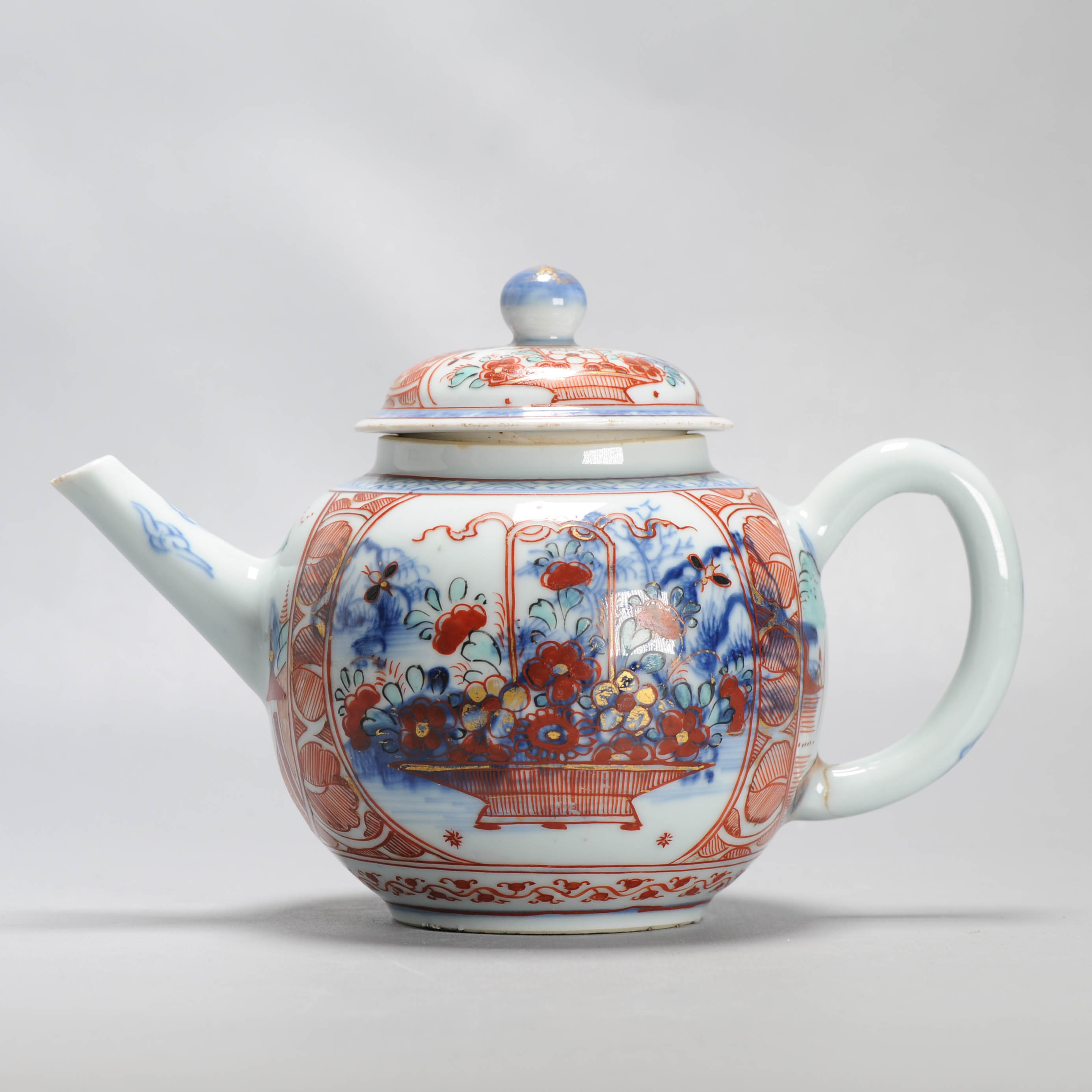 Large Antique Kangxi 18C Chinese Porcelain Teapot + Bowl Polychrome Figural - Image 2