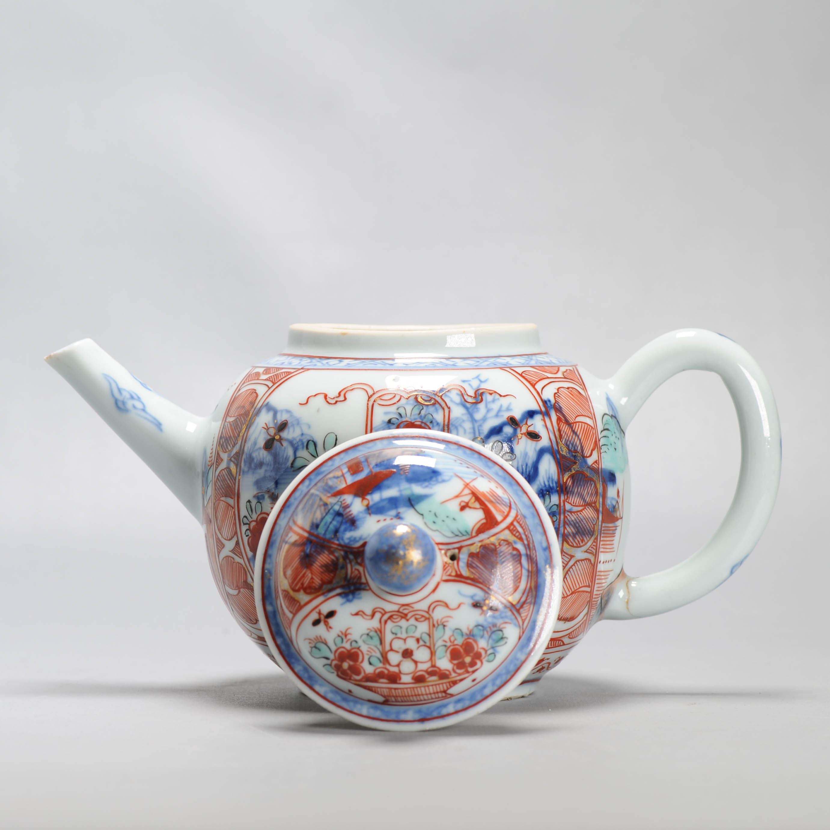 Large Antique Kangxi 18C Chinese Porcelain Teapot + Bowl Polychrome Figural - Image 11