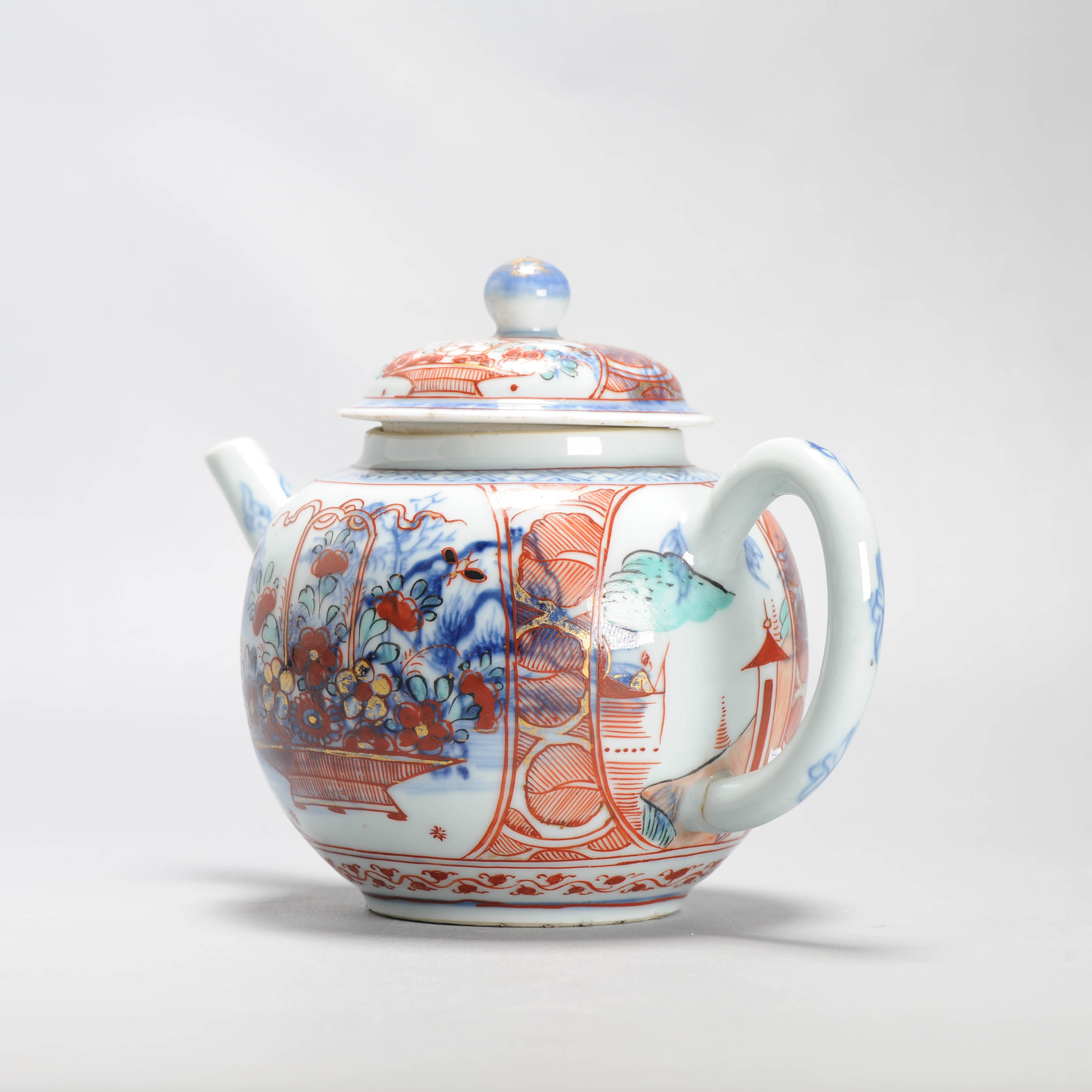 Large Antique Kangxi 18C Chinese Porcelain Teapot + Bowl Polychrome Figural - Image 9