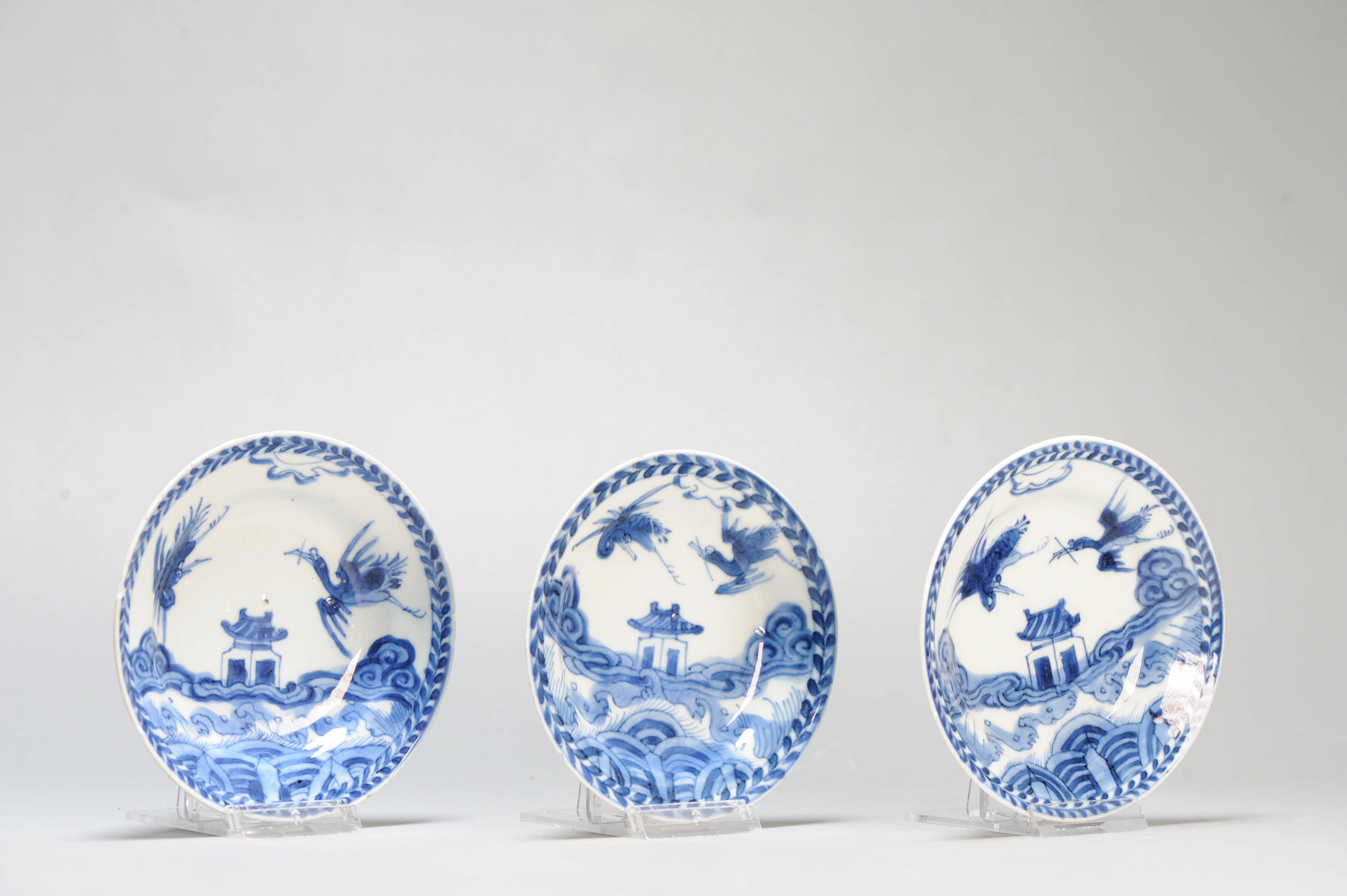 #3 Antique Dish / Saucer Chinese Porcelain Kangxi Crane Sea Blue White Bowl China - Image 11