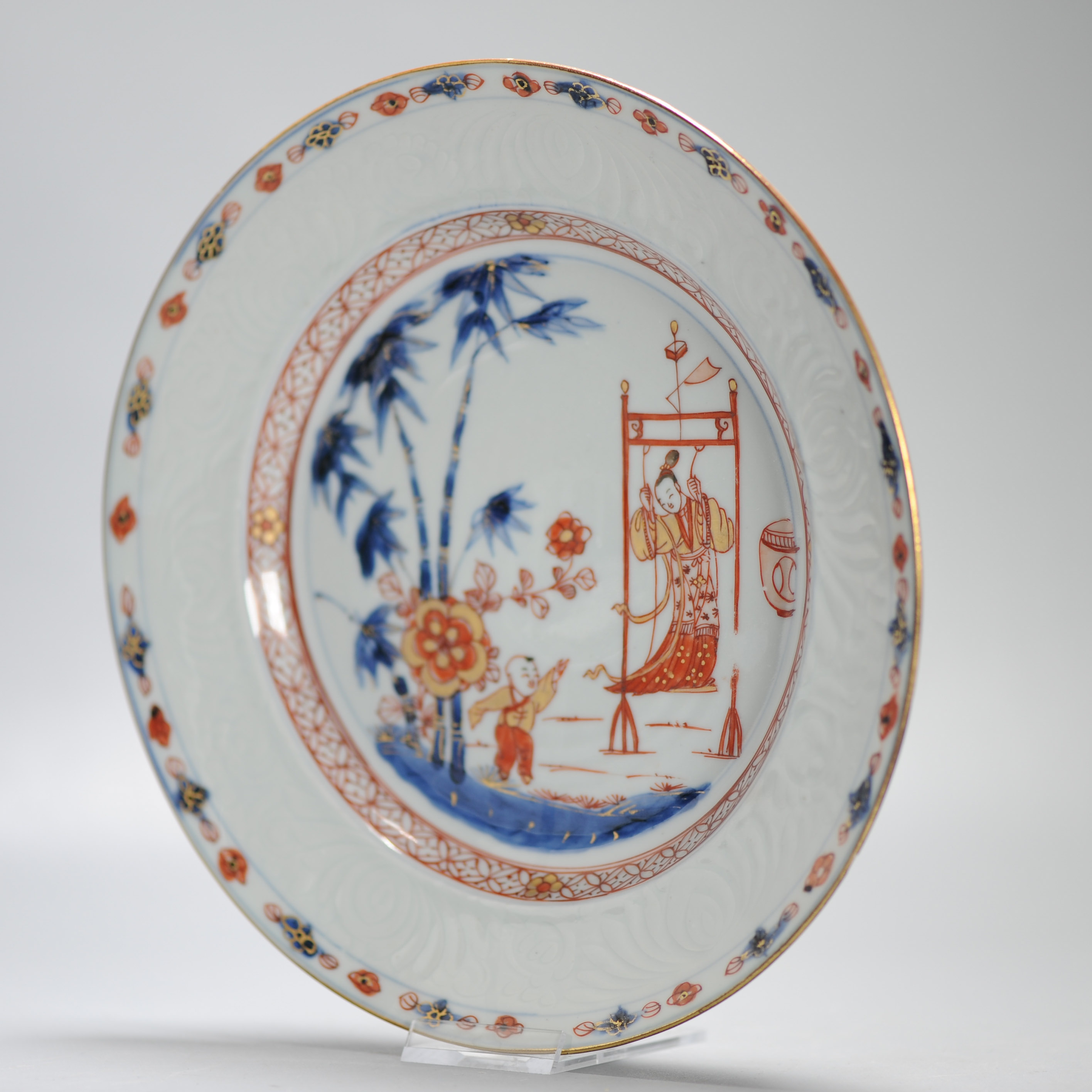 Lovely Antique 18C Imari Dish Qing Chinese Porcelain Lady on Swing Kangxi - Image 11