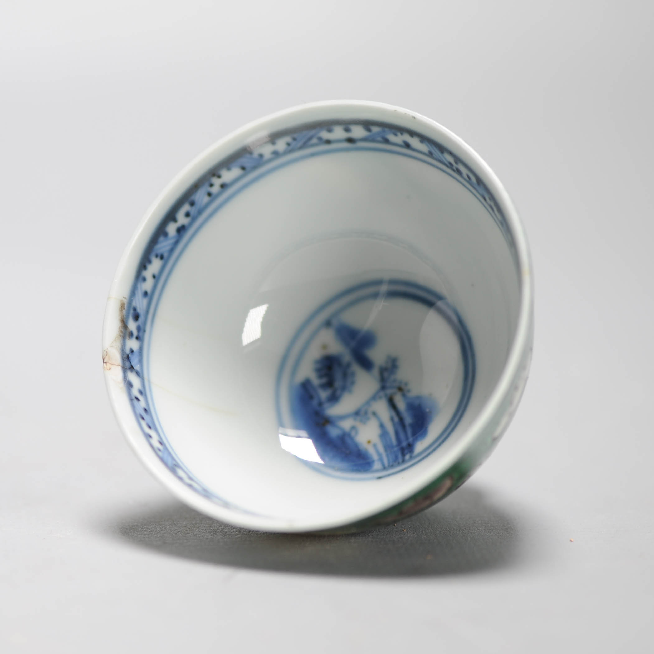 Antique Teacup Green Chinese Porcelain Kangxi Blue White Bowl Landscape - Image 4