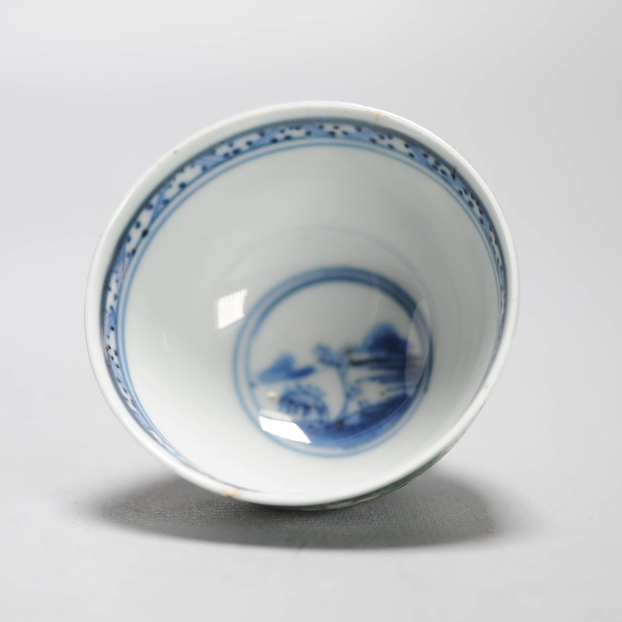 Antique Teacup Green Chinese Porcelain Kangxi Blue White Bowl Landscape - Image 3