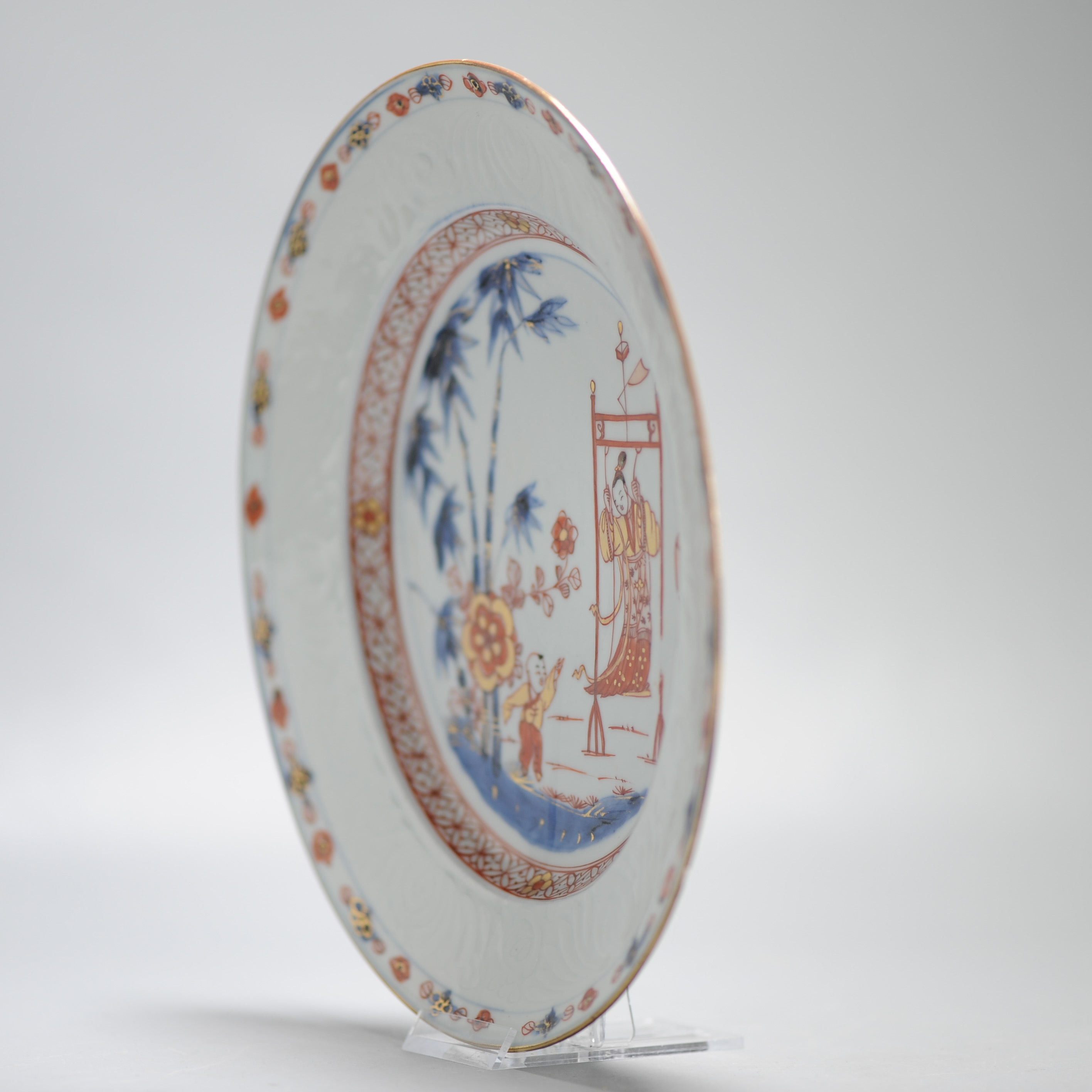 Lovely Antique 18C Imari Dish Qing Chinese Porcelain Lady on Swing Kangxi - Image 10