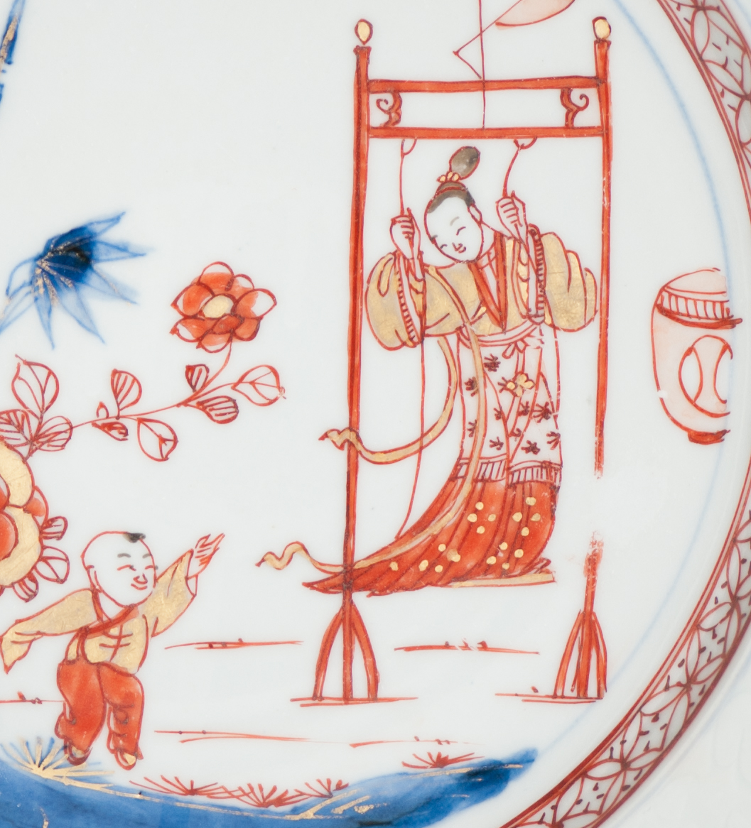 Lovely Antique 18C Imari Dish Qing Chinese Porcelain Lady on Swing Kangxi - Image 13