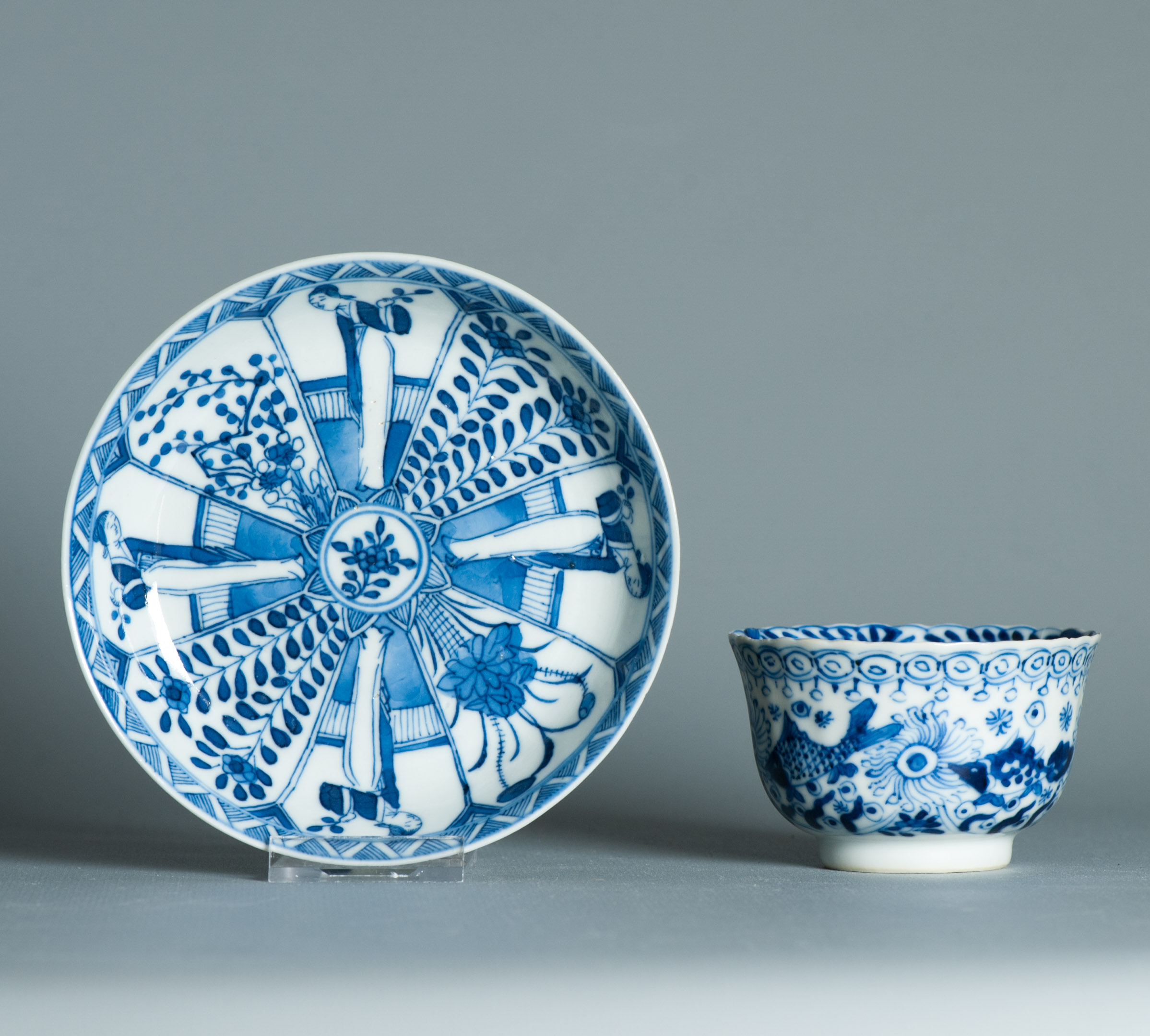 Kangxi Revival Chinese porcelain Tea Set Bird Parsley Figures Crab Fish Marked - Image 7