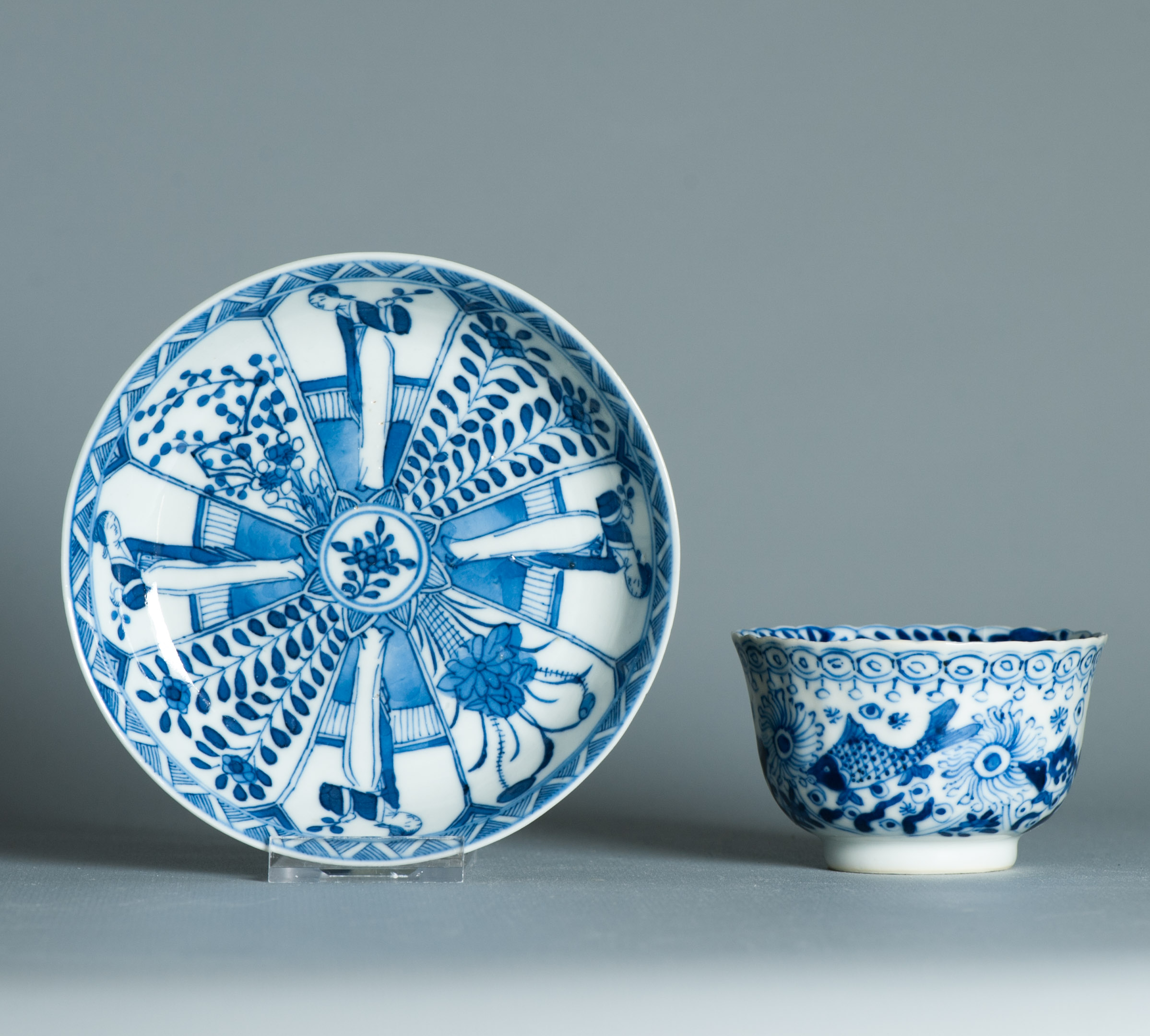 Kangxi Revival Chinese porcelain Tea Set Bird Parsley Figures Crab Fish Marked - Image 8