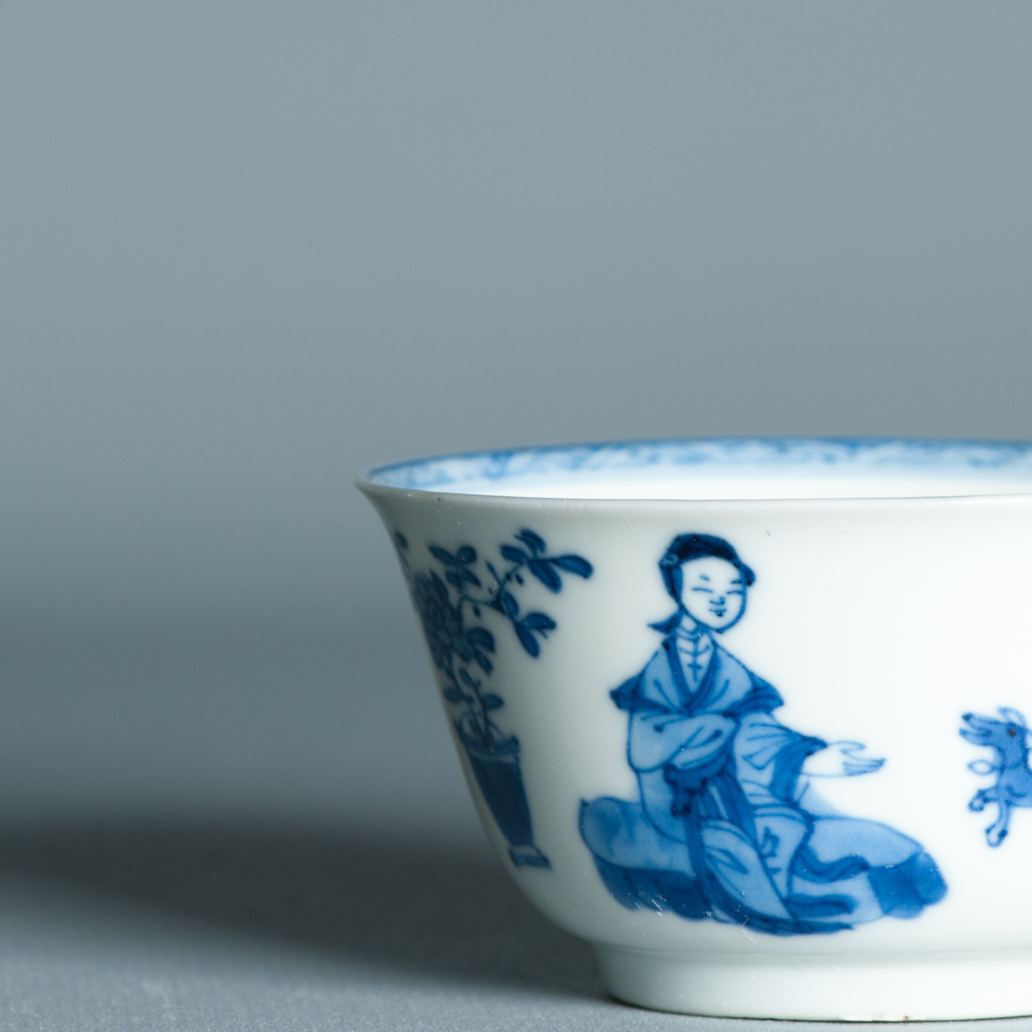 Antique Kangxi Period Eggshell Chinese porcelain Tea Bowl Lady with Dog - Image 9