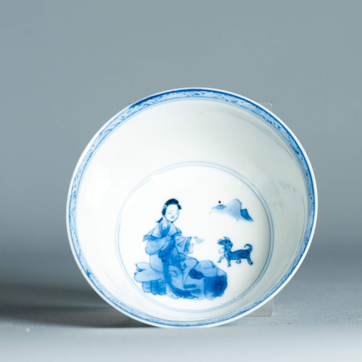 Antique Kangxi Period Eggshell Chinese porcelain Tea Bowl Lady with Dog - Image 13