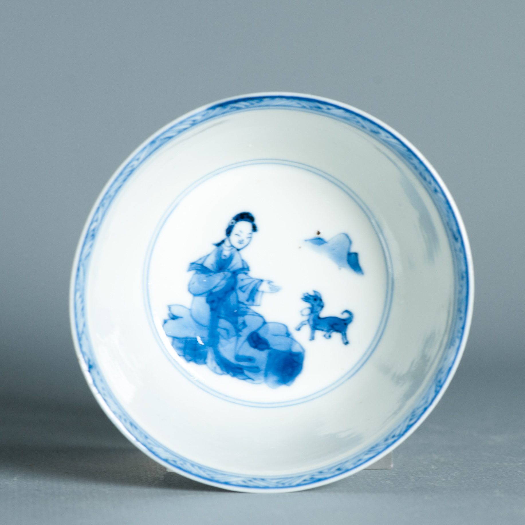 Antique Kangxi Period Eggshell Chinese porcelain Tea Bowl Lady with Dog - Image 4