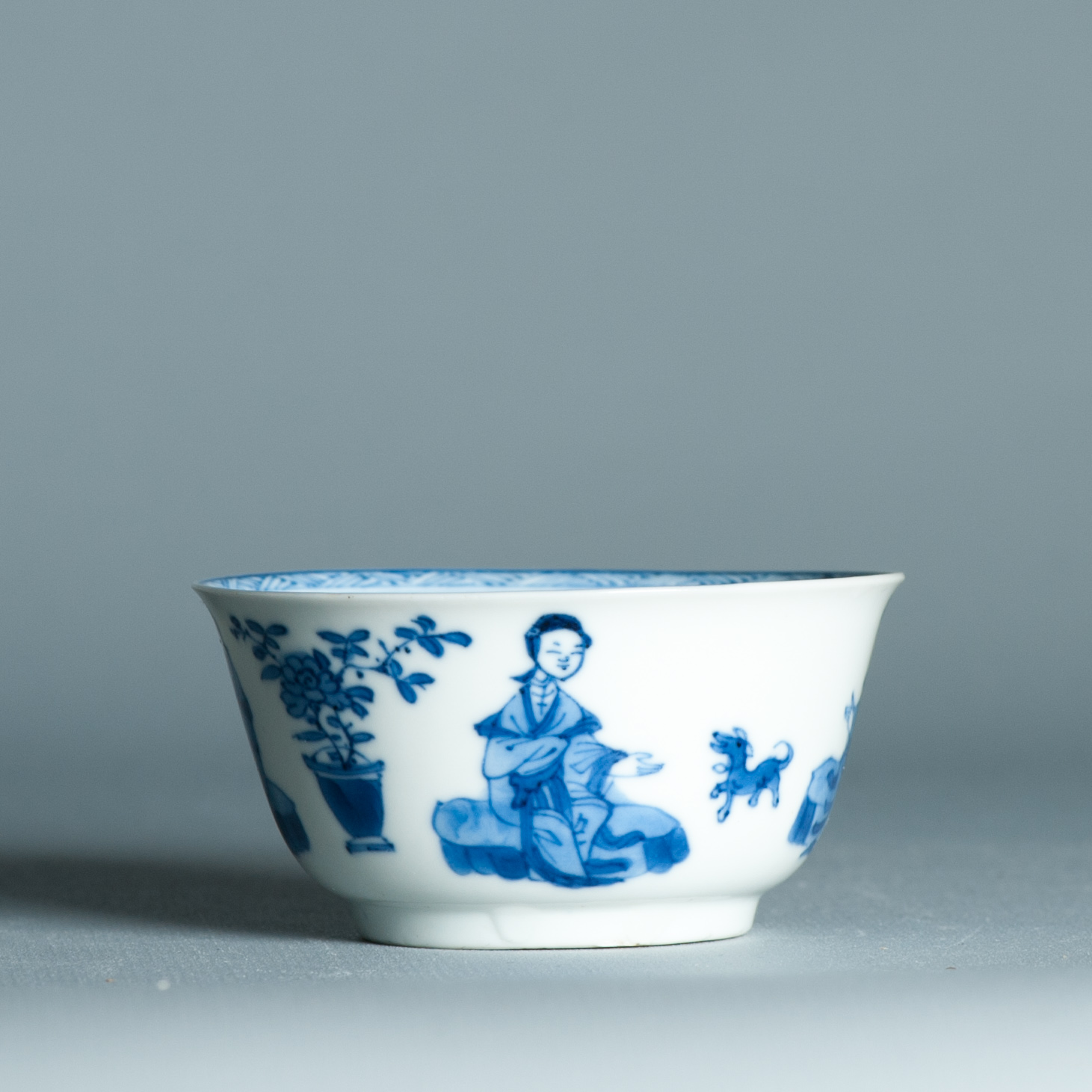 Antique Kangxi Period Eggshell Chinese porcelain Tea Bowl Lady with Dog - Image 17