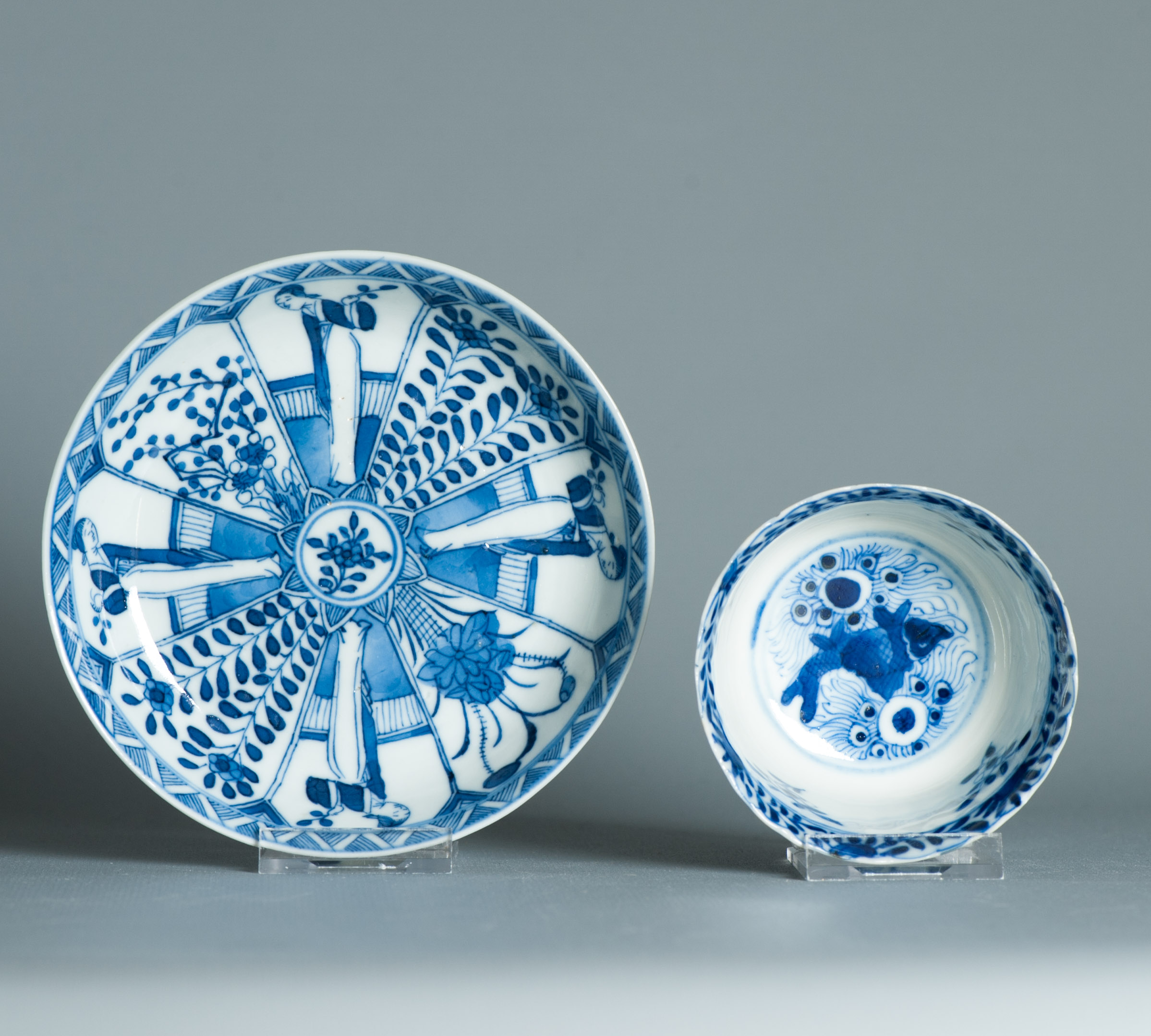 Kangxi Revival Chinese porcelain Tea Set Bird Parsley Figures Crab Fish Marked - Image 14