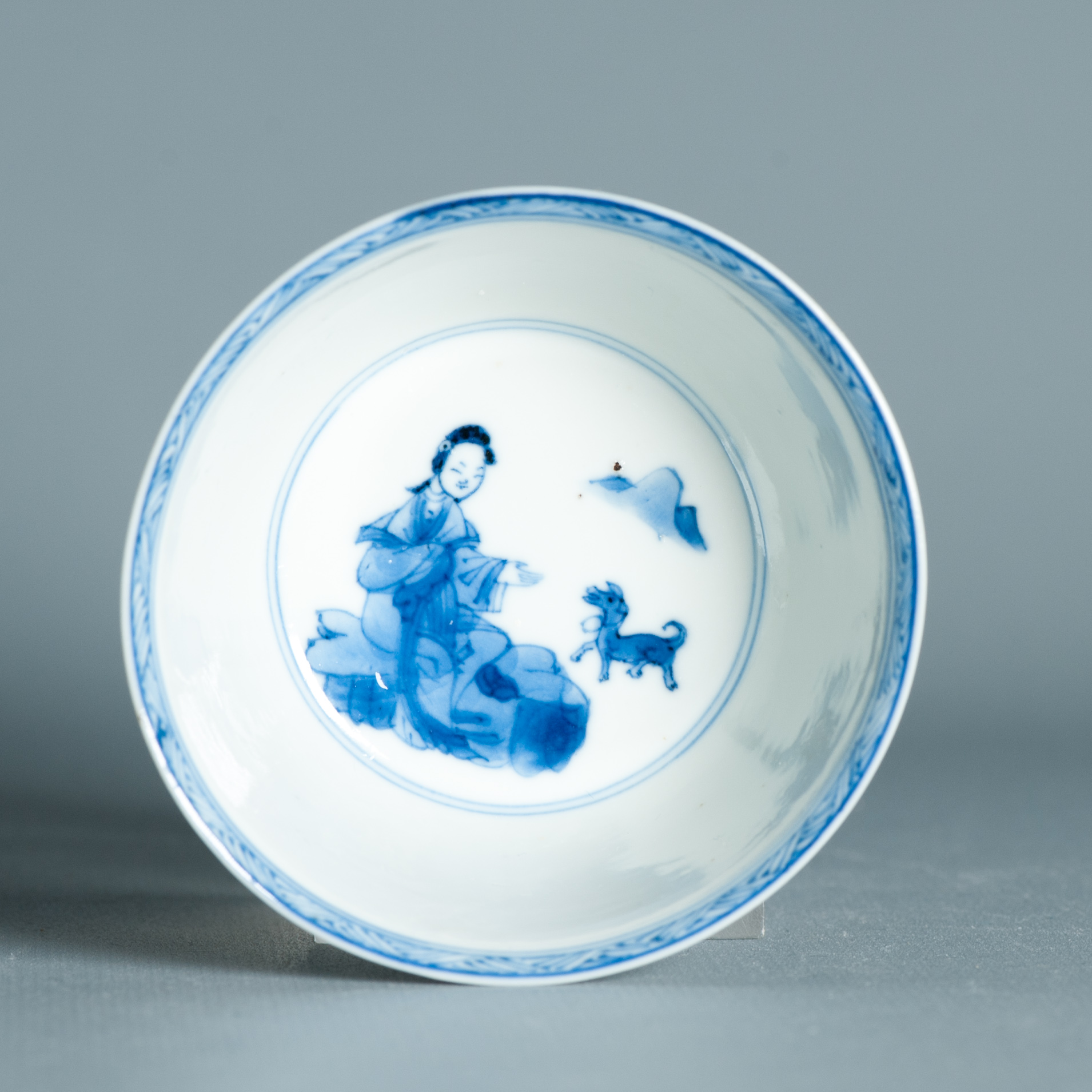 Antique Kangxi Period Eggshell Chinese porcelain Tea Bowl Lady with Dog - Image 5