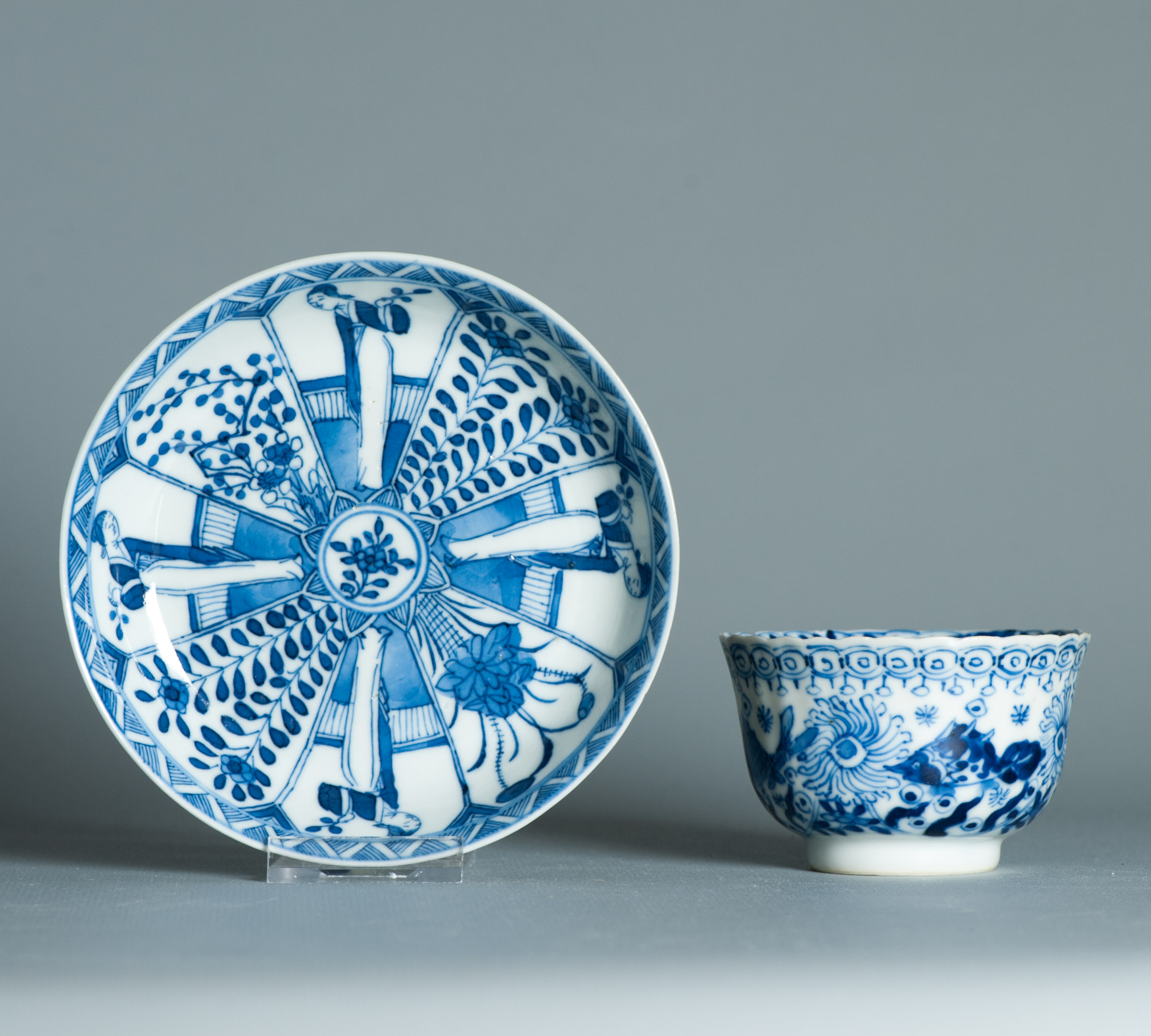 Kangxi Revival Chinese porcelain Tea Set Bird Parsley Figures Crab Fish Marked - Image 12