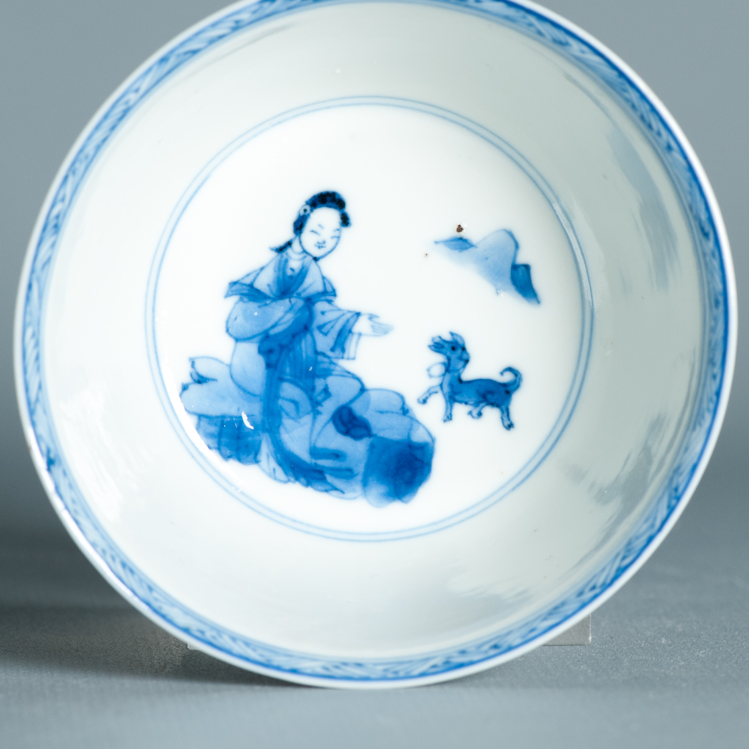 Antique Kangxi Period Eggshell Chinese porcelain Tea Bowl Lady with Dog - Image 2