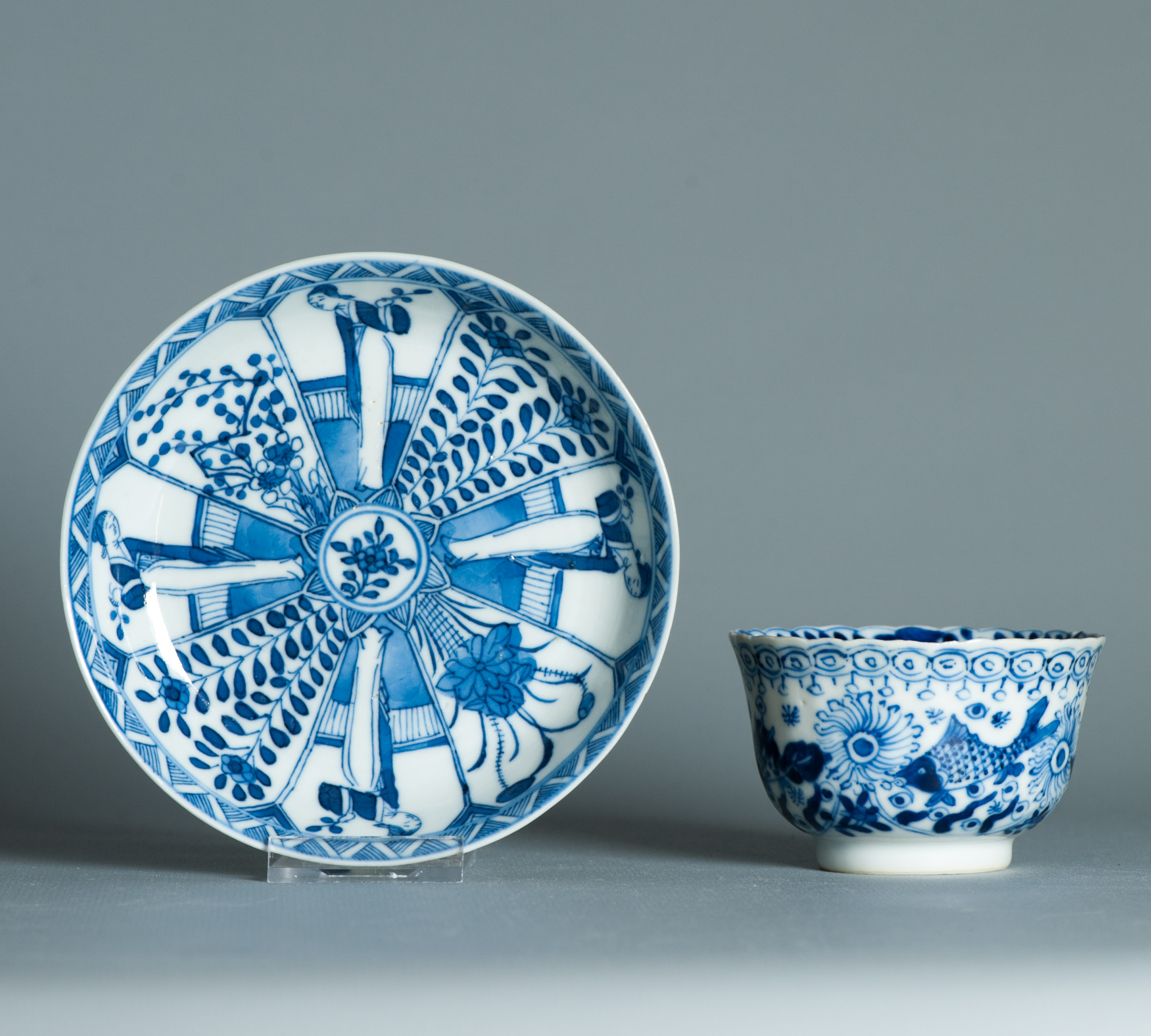 Kangxi Revival Chinese porcelain Tea Set Bird Parsley Figures Crab Fish Marked - Image 9