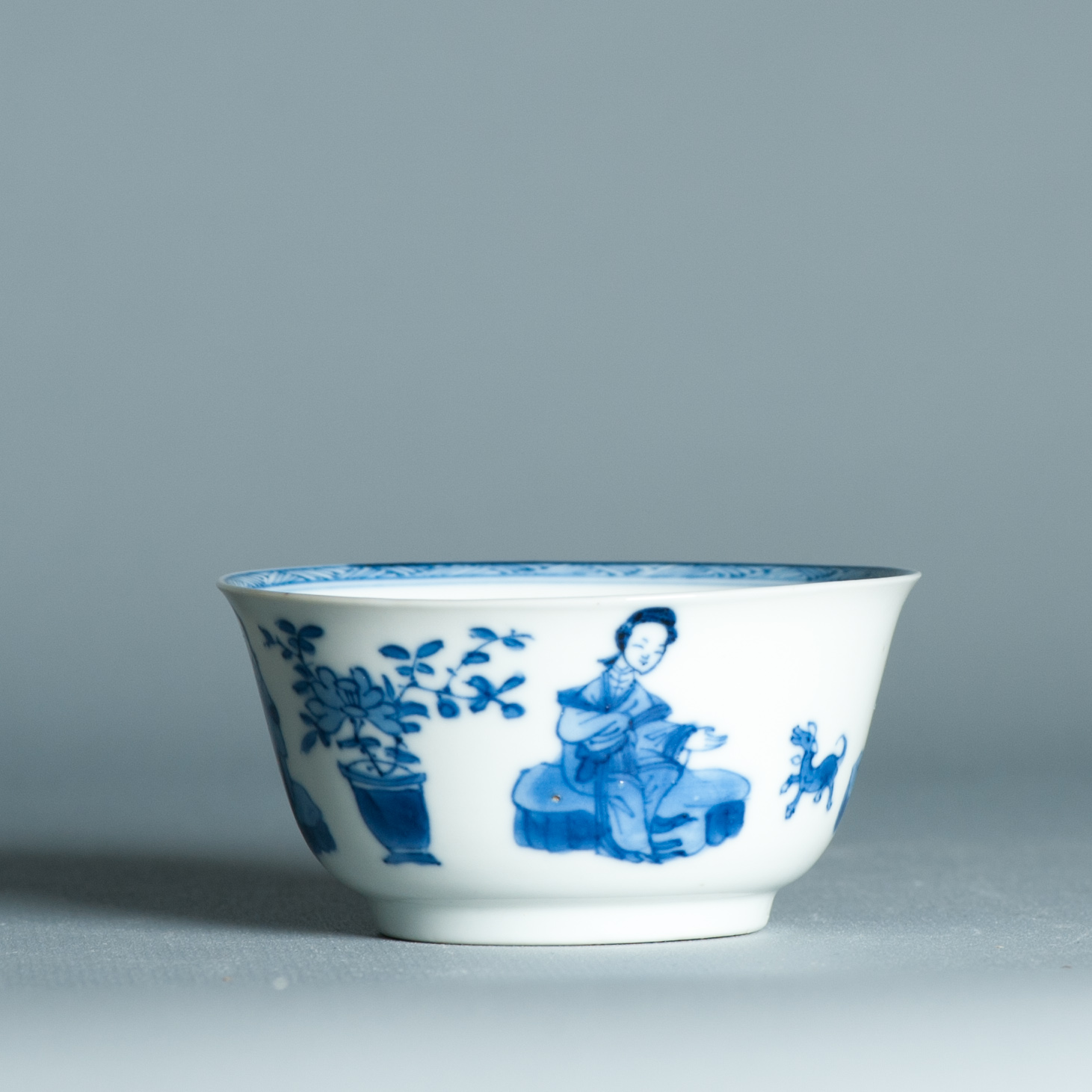 Antique Kangxi Period Eggshell Chinese porcelain Tea Bowl Lady with Dog - Image 20