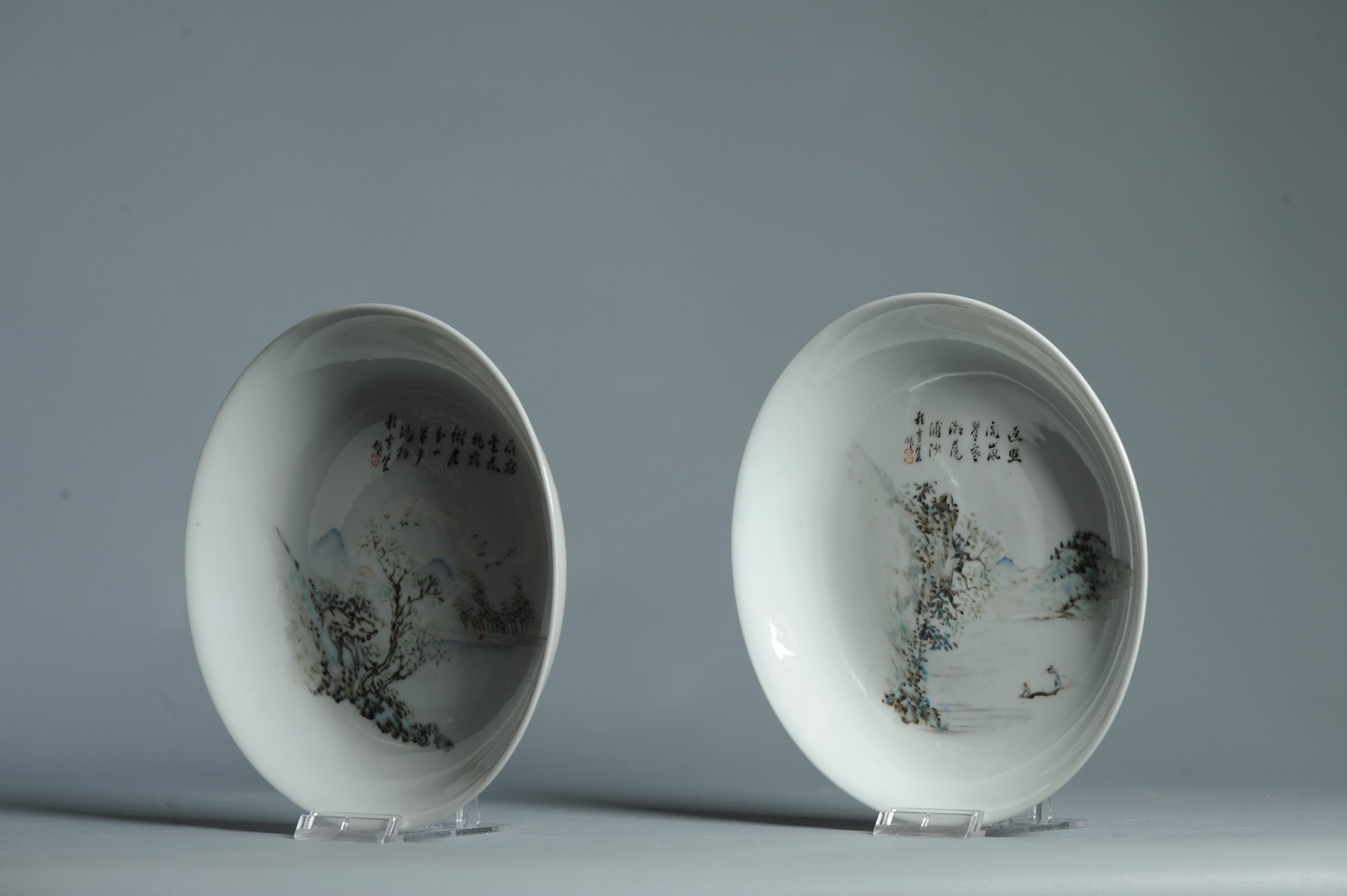 Antique 20th C Chinese Plates in Qianjiang style Landscape Calligraphy China - Image 14