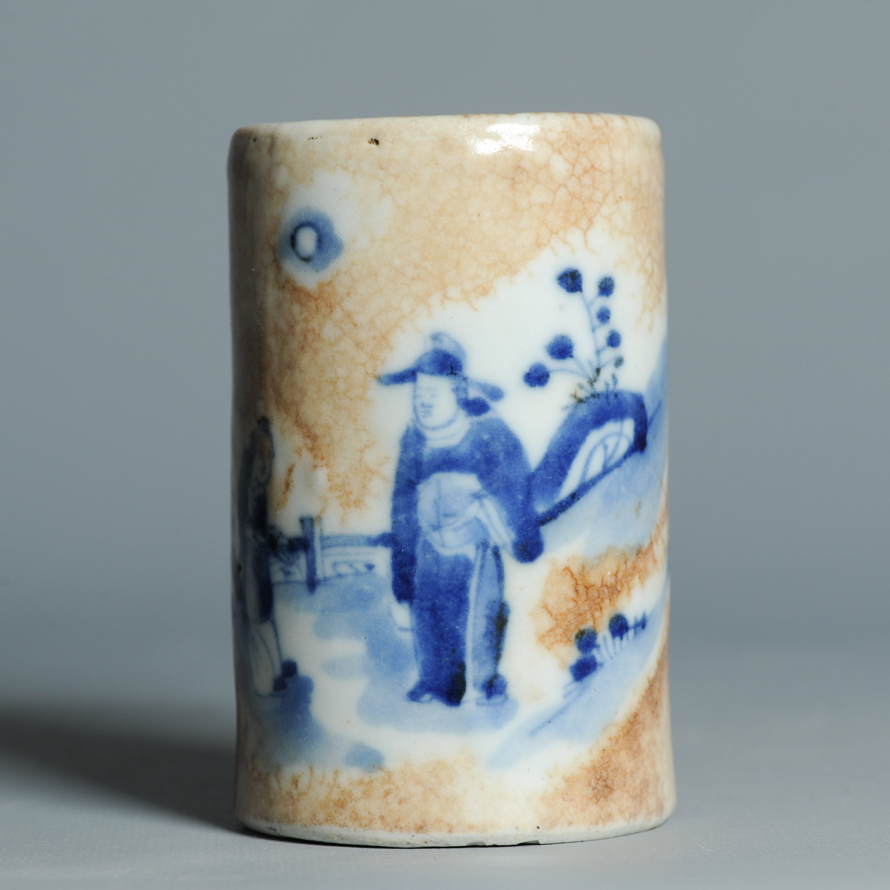 19C Chinese porcelain Bitong Brush pot Figural Landscape Blue and white - Image 12