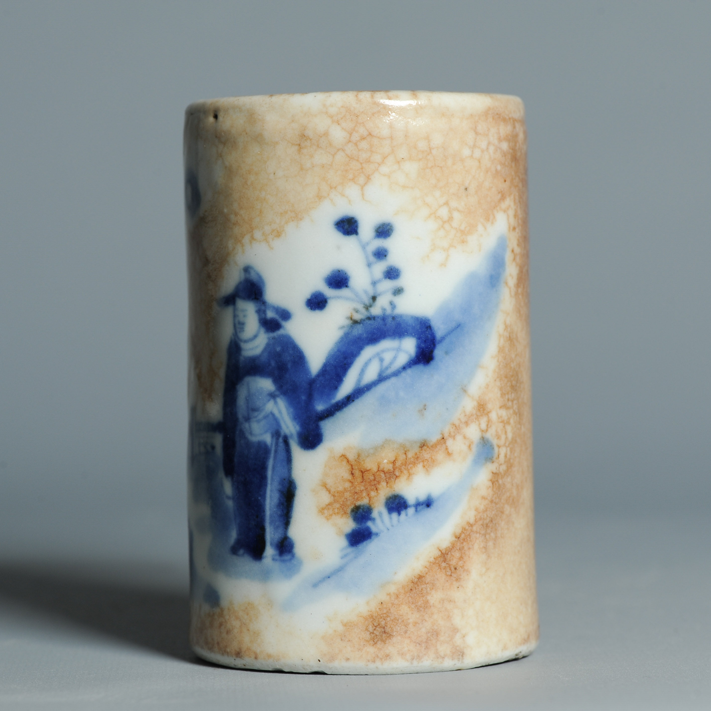 19C Chinese porcelain Bitong Brush pot Figural Landscape Blue and white - Image 11
