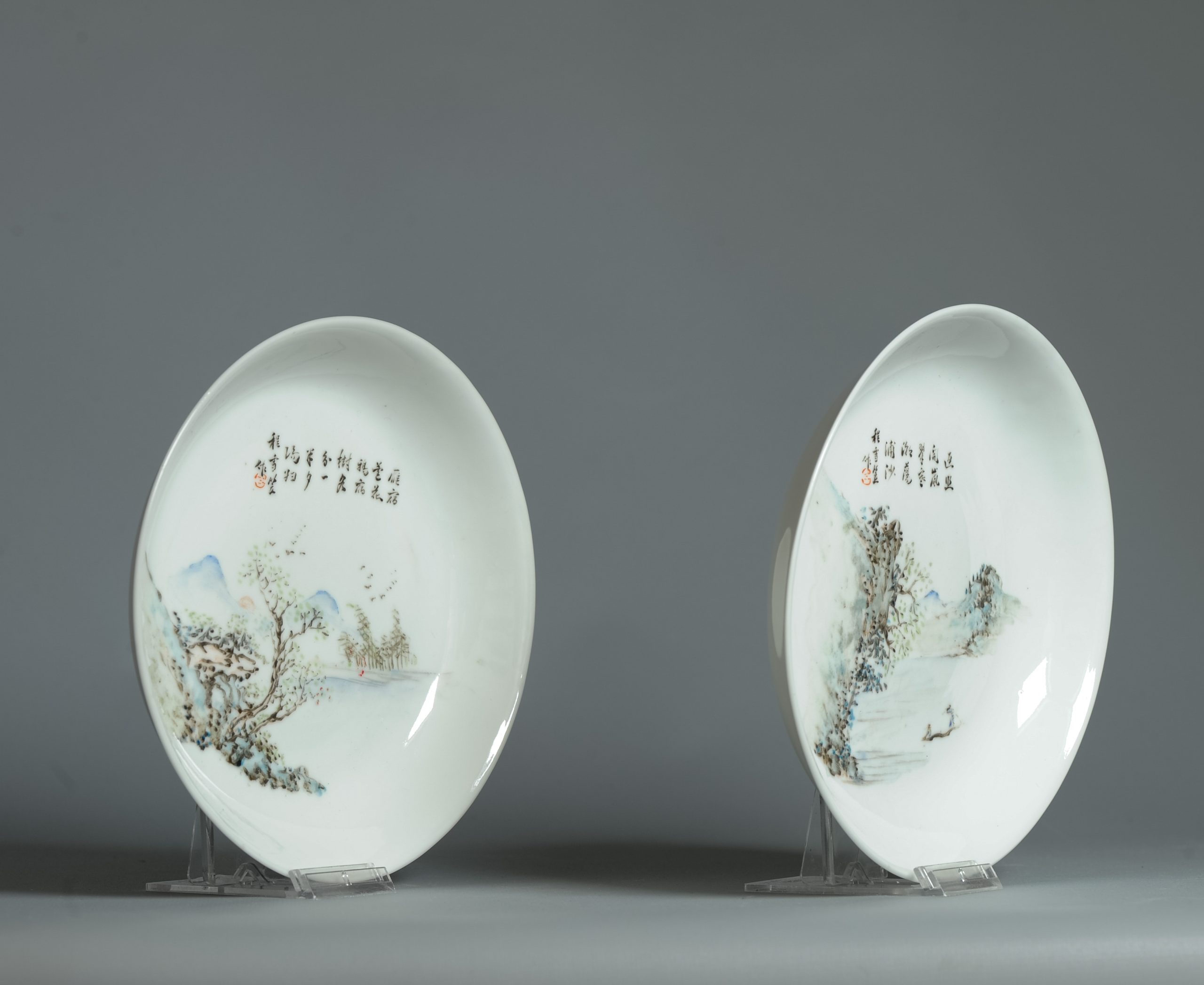 Antique 20th C Chinese Plates in Qianjiang style Landscape Calligraphy China - Image 4