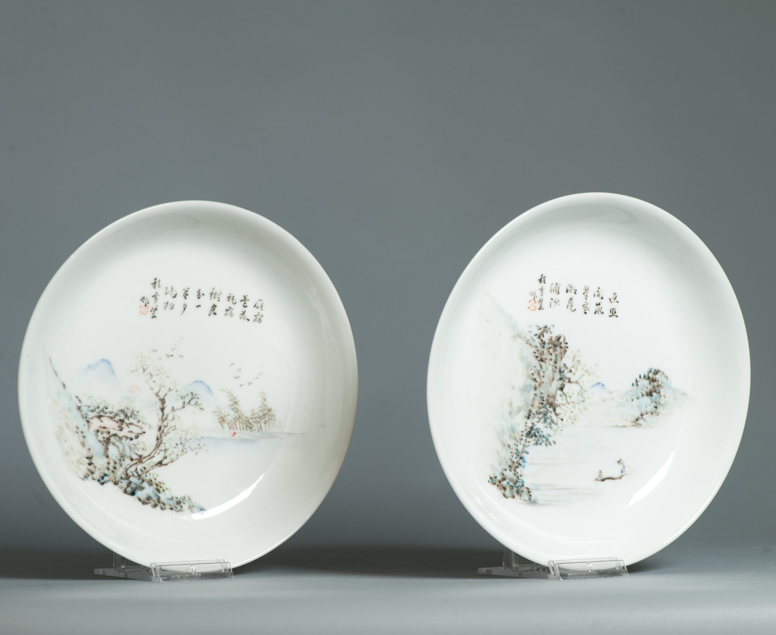 Antique 20th C Chinese Plates in Qianjiang style Landscape Calligraphy China - Image 3