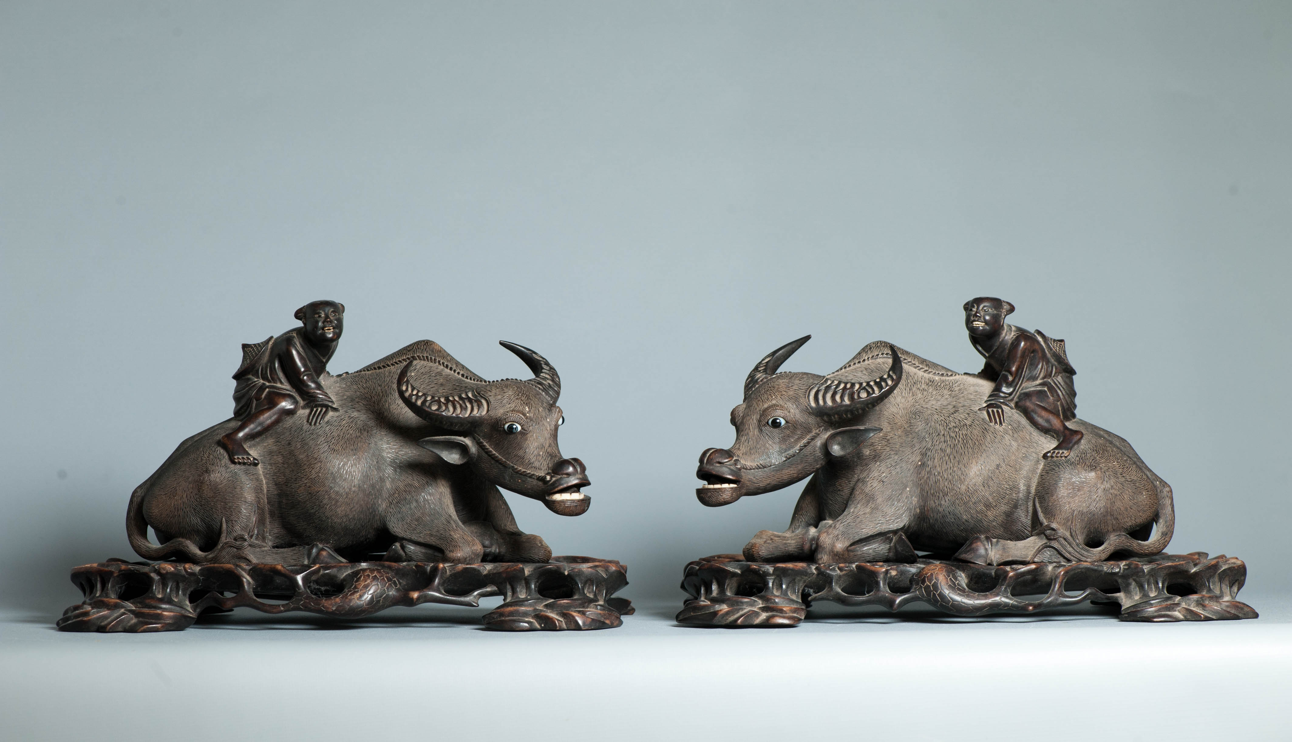 Large Pair ca 1900 Finely Chinese Carved Wood Statue of Ox and Boys Chinese A...