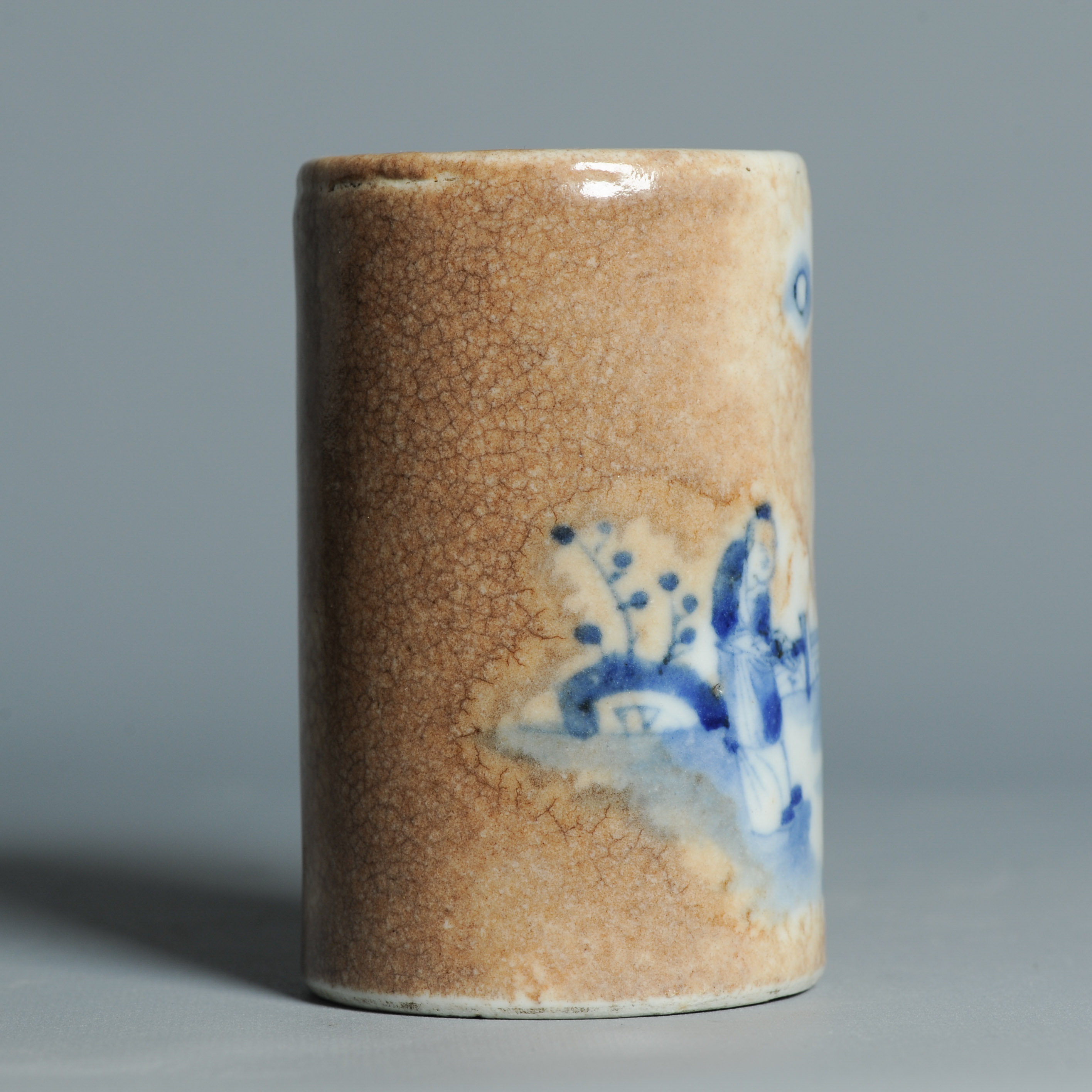 19C Chinese porcelain Bitong Brush pot Figural Landscape Blue and white - Image 5