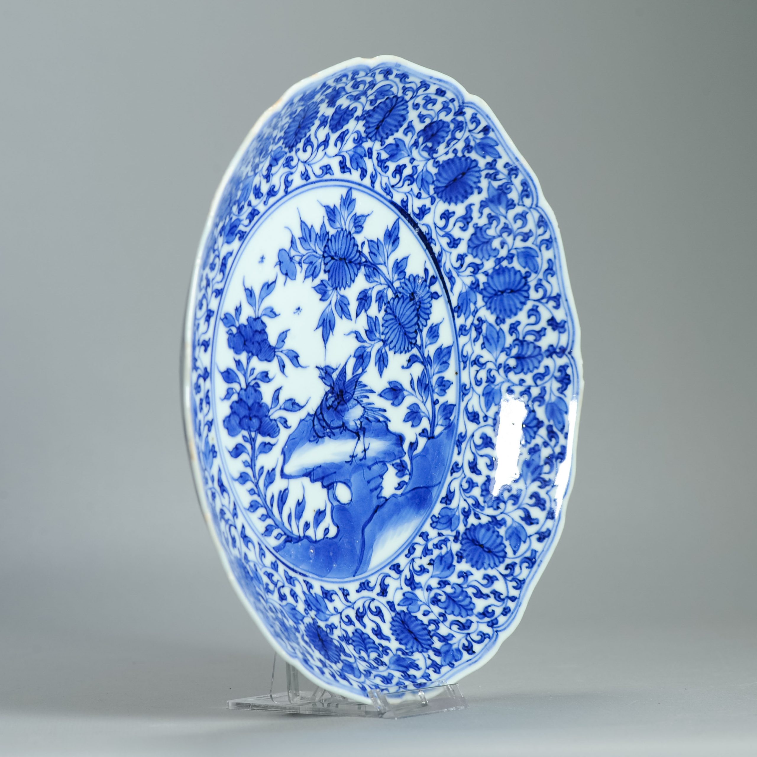 Antique Chinese Kangxi Period Blue & White Plate Birds & Floral Scrolls Marked - Image 3