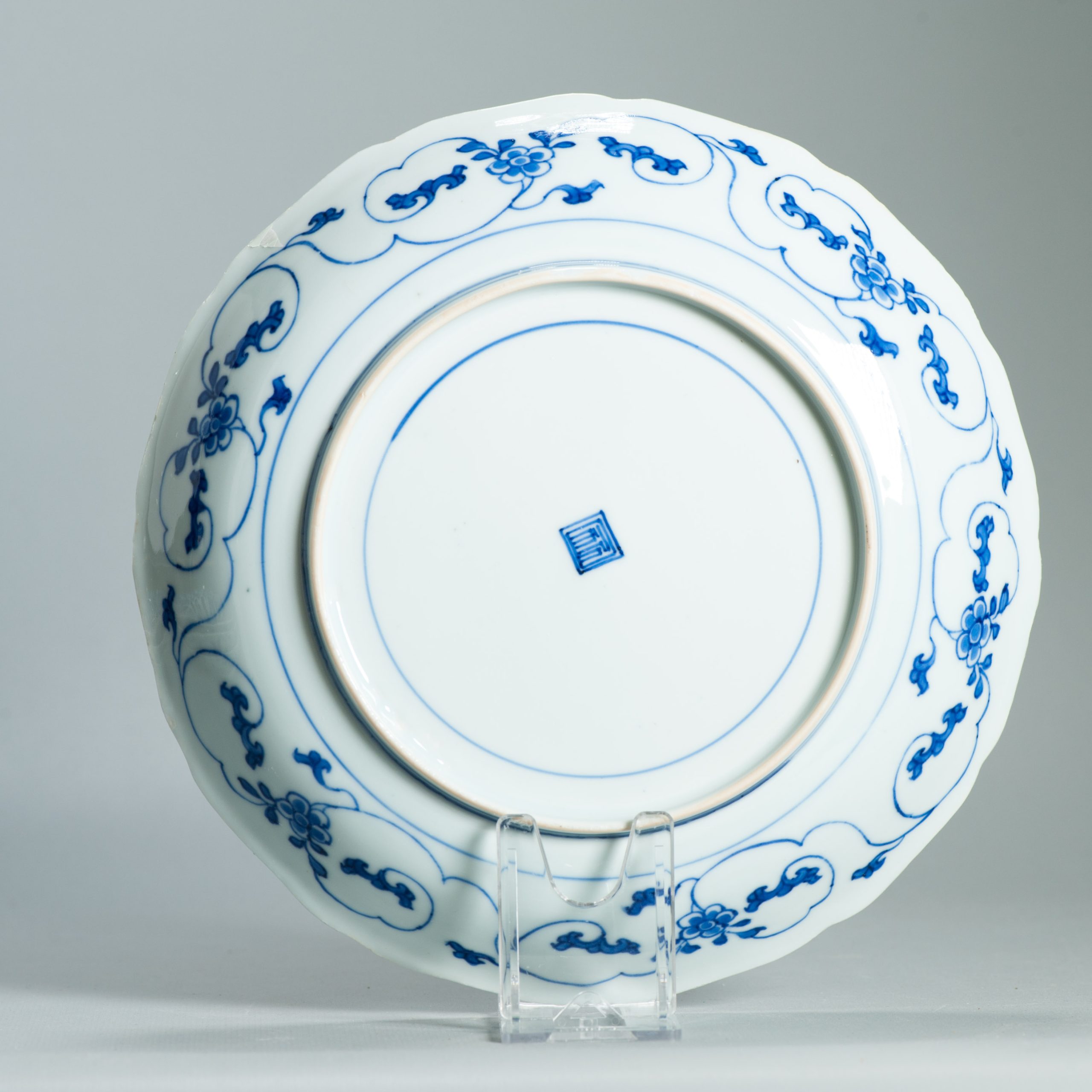 Antique Chinese Kangxi Period Blue & White Plate Birds & Floral Scrolls Marked - Image 7