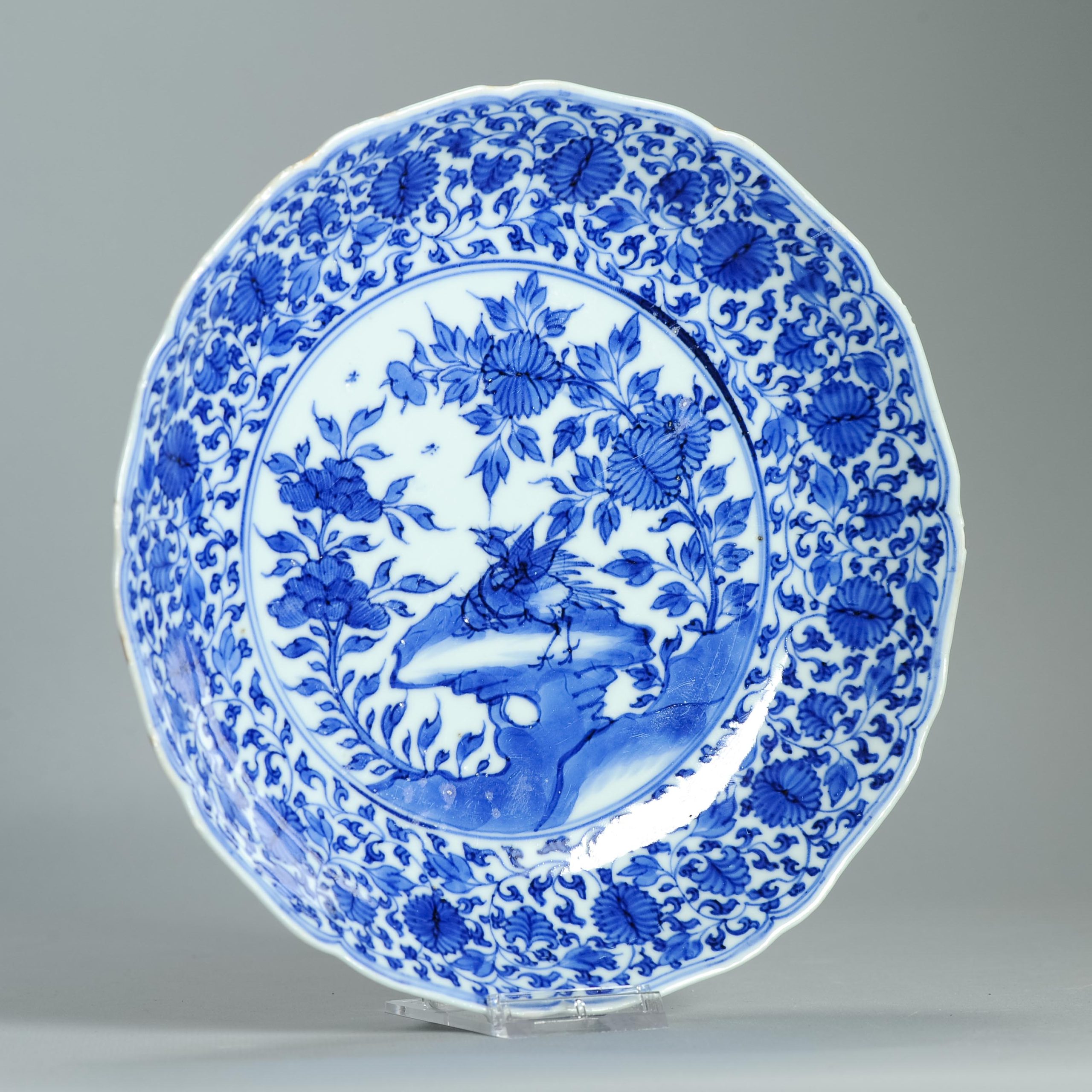 Antique Chinese Kangxi Period Blue & White Plate Birds & Floral Scrolls Marked - Image 2