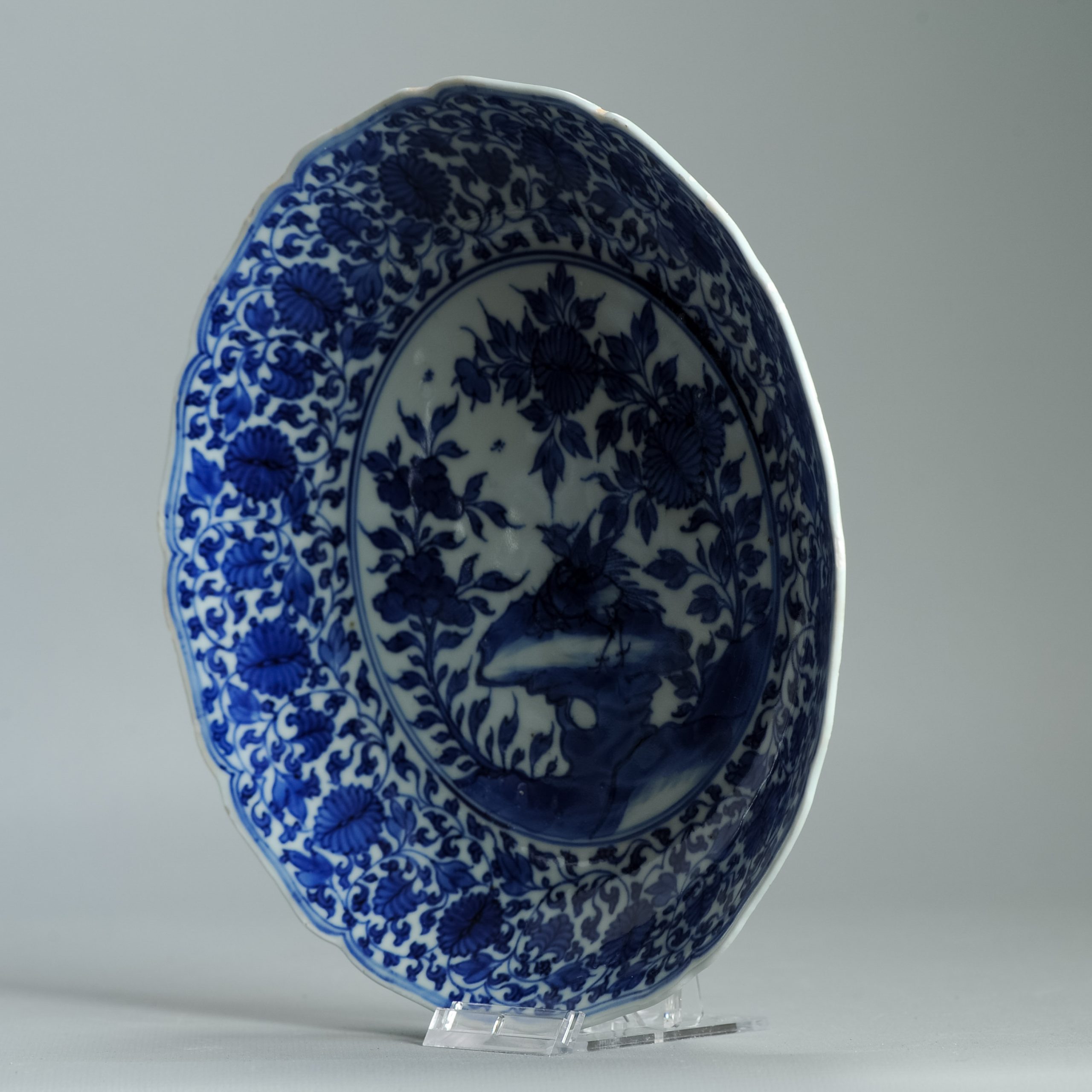 Antique Chinese Kangxi Period Blue & White Plate Birds & Floral Scrolls Marked - Image 12