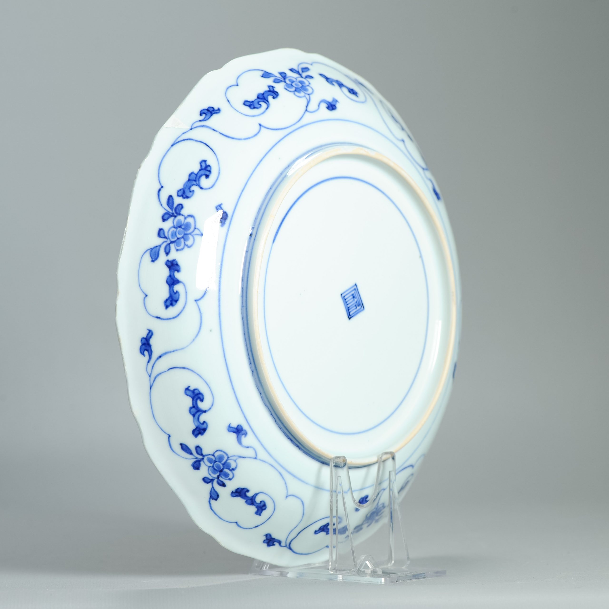 Antique Chinese Kangxi Period Blue & White Plate Birds & Floral Scrolls Marked - Image 9