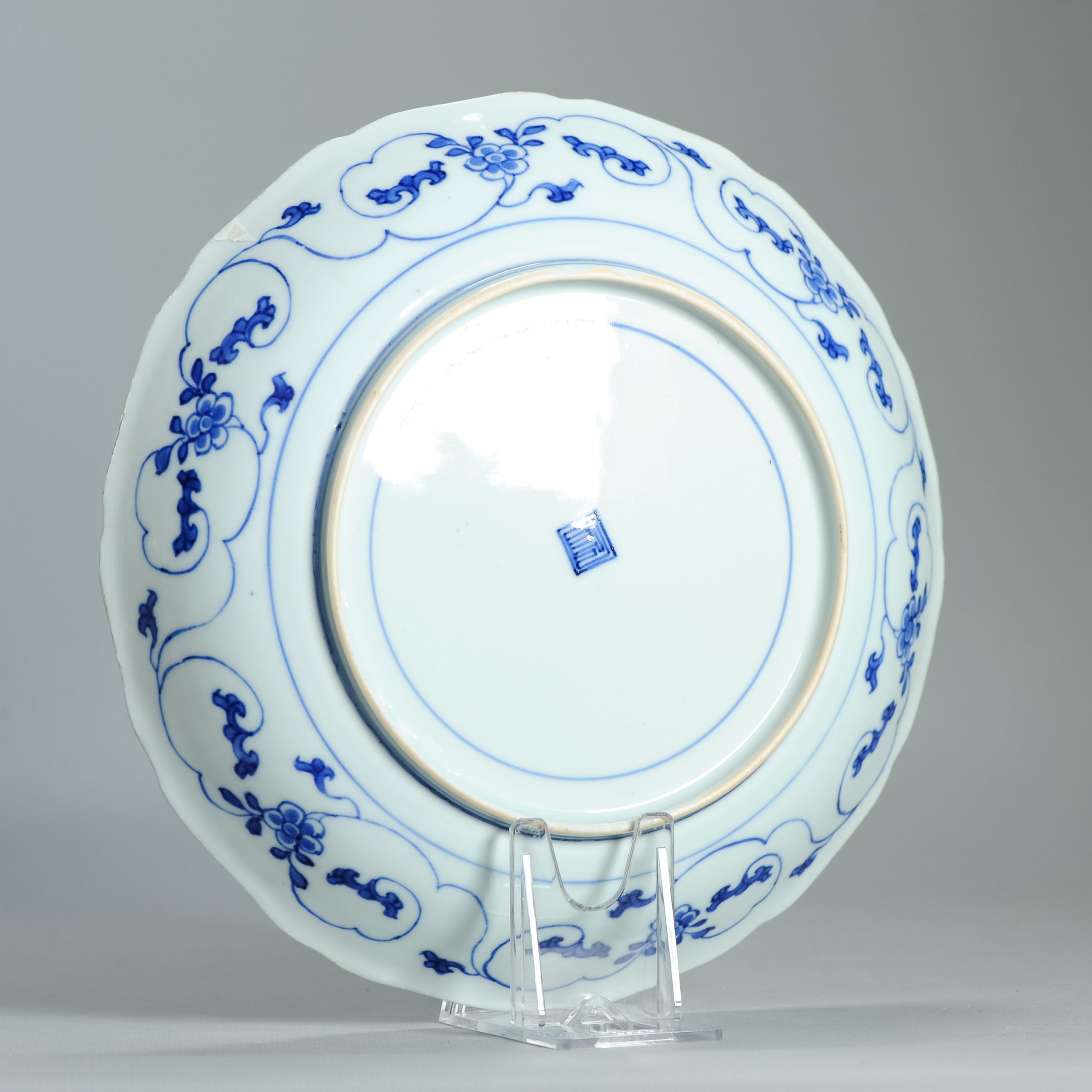 Antique Chinese Kangxi Period Blue & White Plate Birds & Floral Scrolls Marked - Image 8