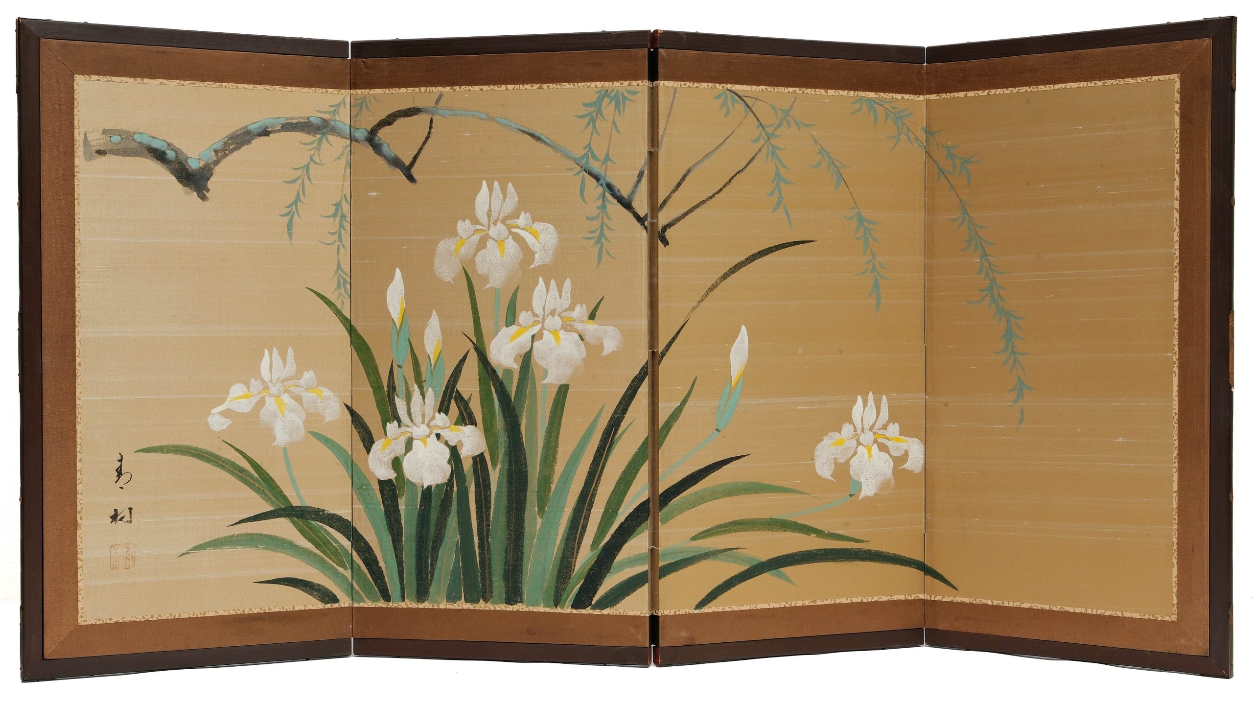 Antique Japanese Flower Folding Chamber Screen  19/20th C Japan Cranes